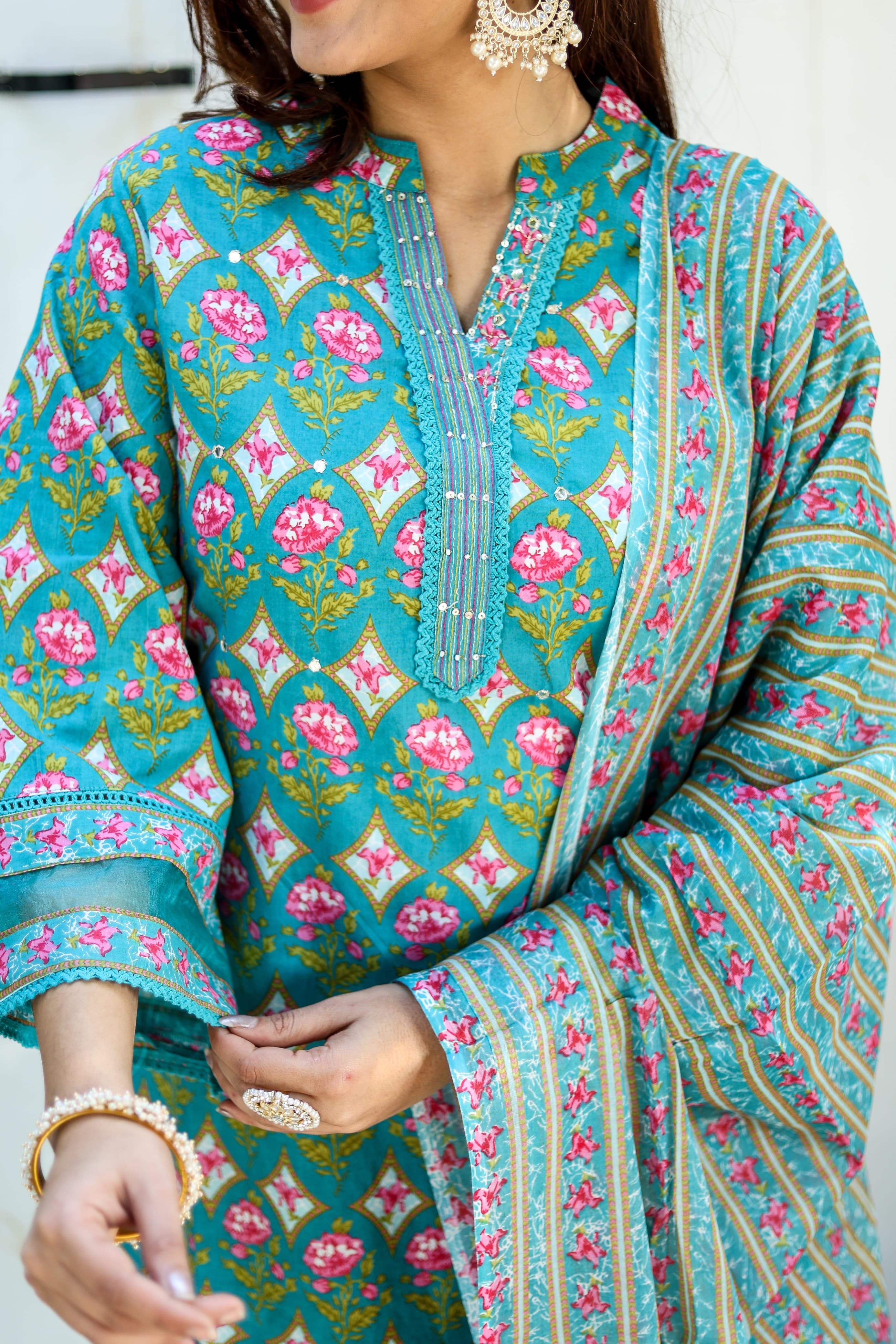 Maisha Green Block Printed Pakistani Style straight Suit Set