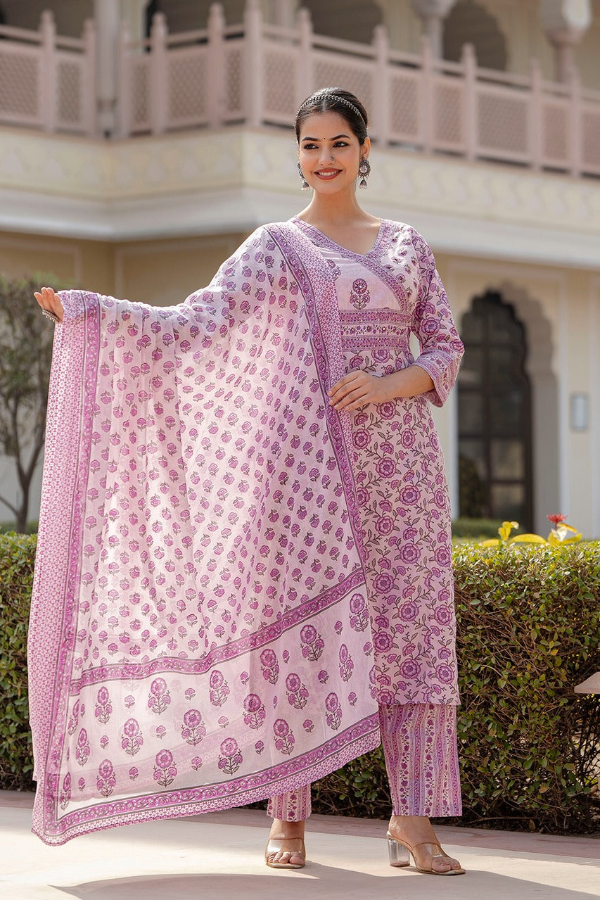 Maisha Block Printed Lavender Straight Suit Set