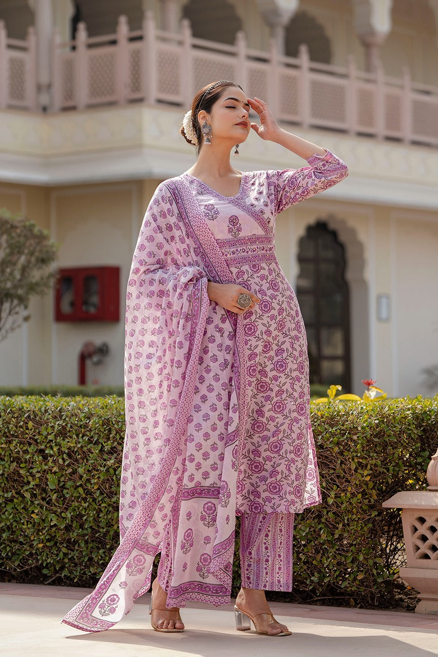 Maisha Block Printed Lavender Straight Suit Set