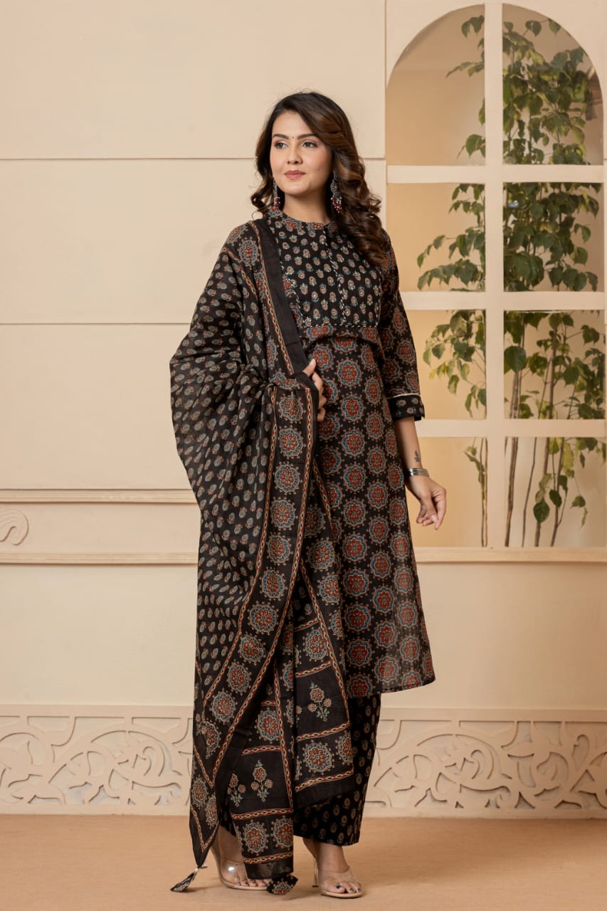 Vihaa Ajrakh Block Printed Black Straight Suit Set