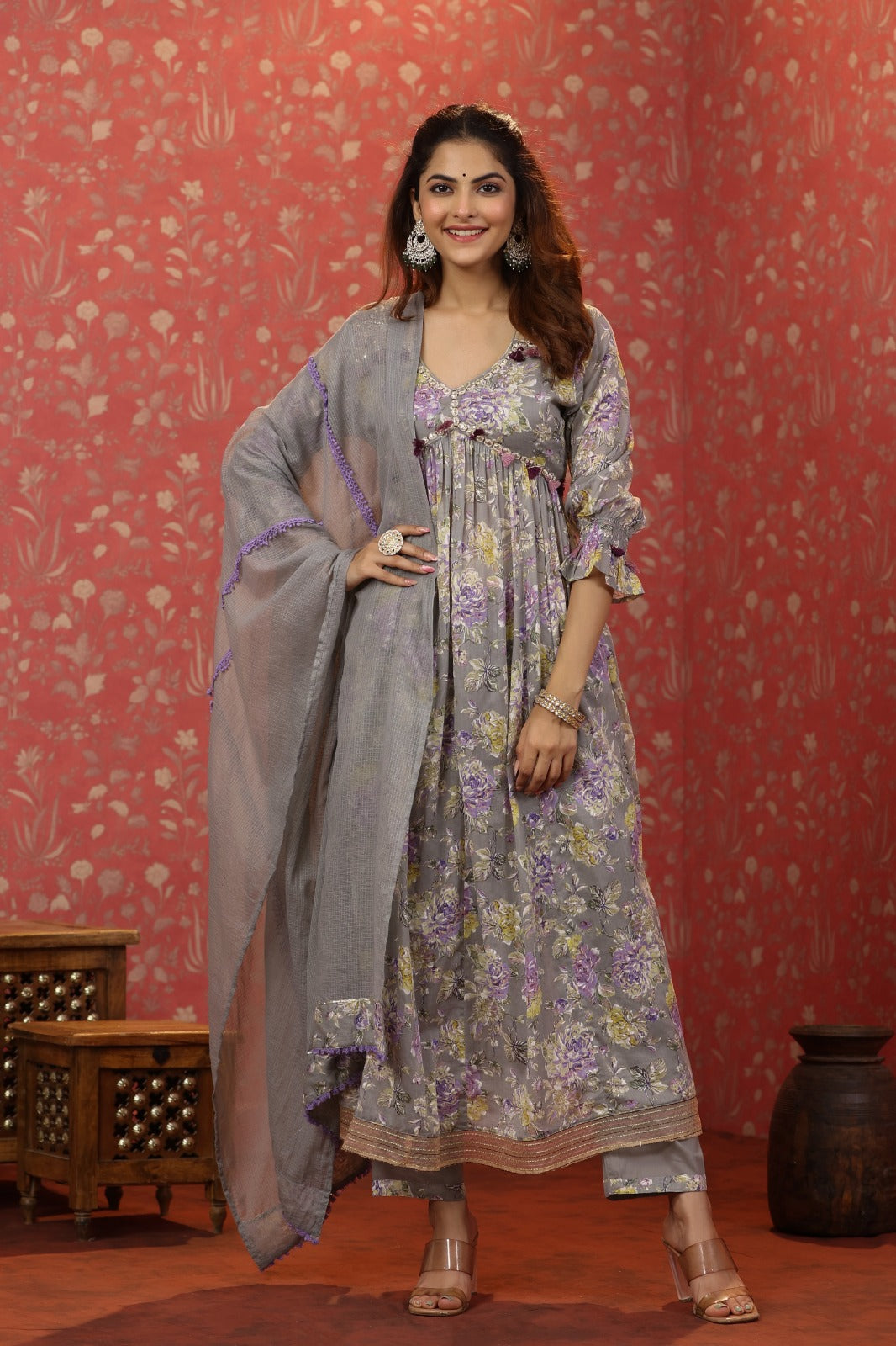 Kiara Grey Floral Printed Alia Pattern Suit Set