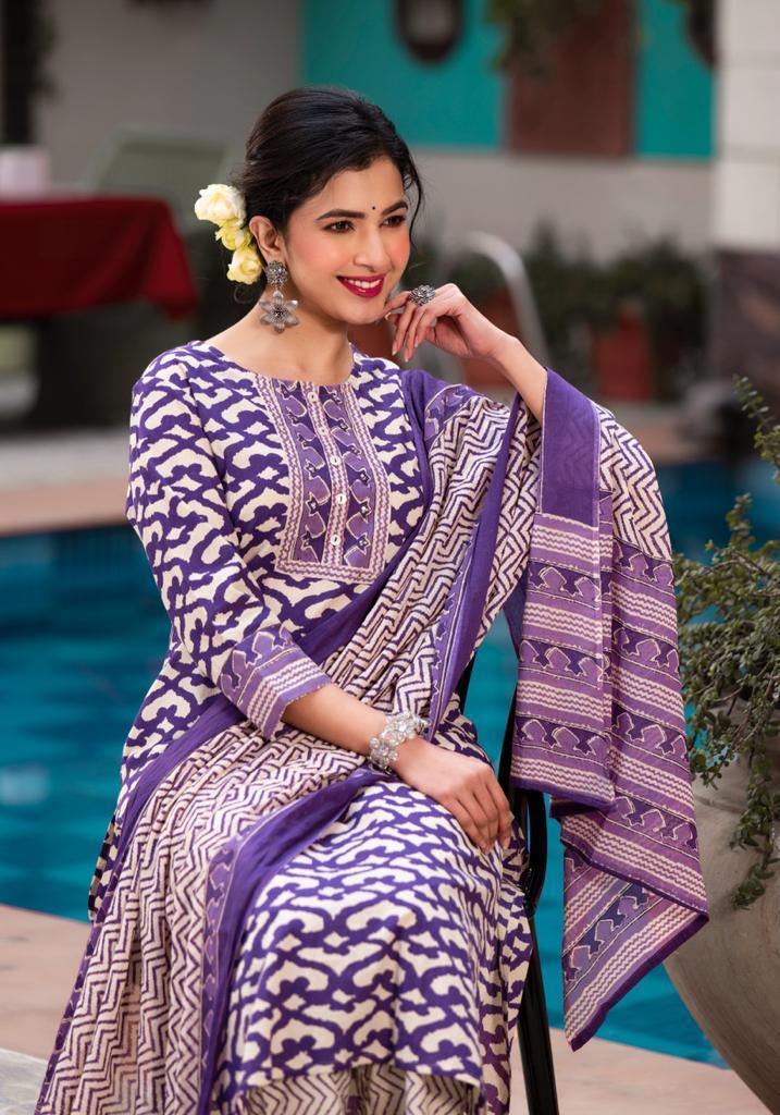 Kiara Digital Printed Purple Straight Suit Set