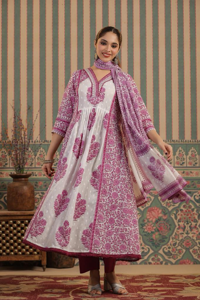 Maisha Block Printed White and Purple Suit Set