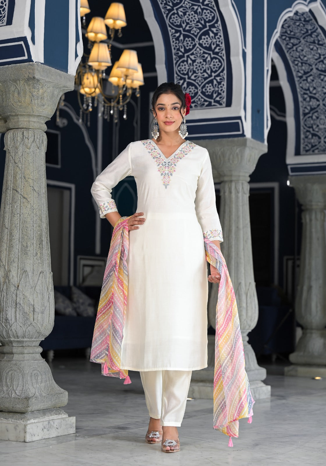 Vihaa Thread Embroidered White Straight Suit Set