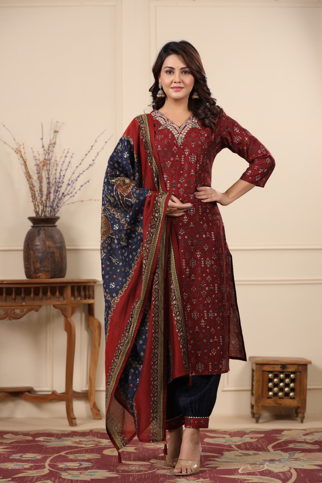 Radha Maroon and Blue Patola Printed Afghani Suit Set