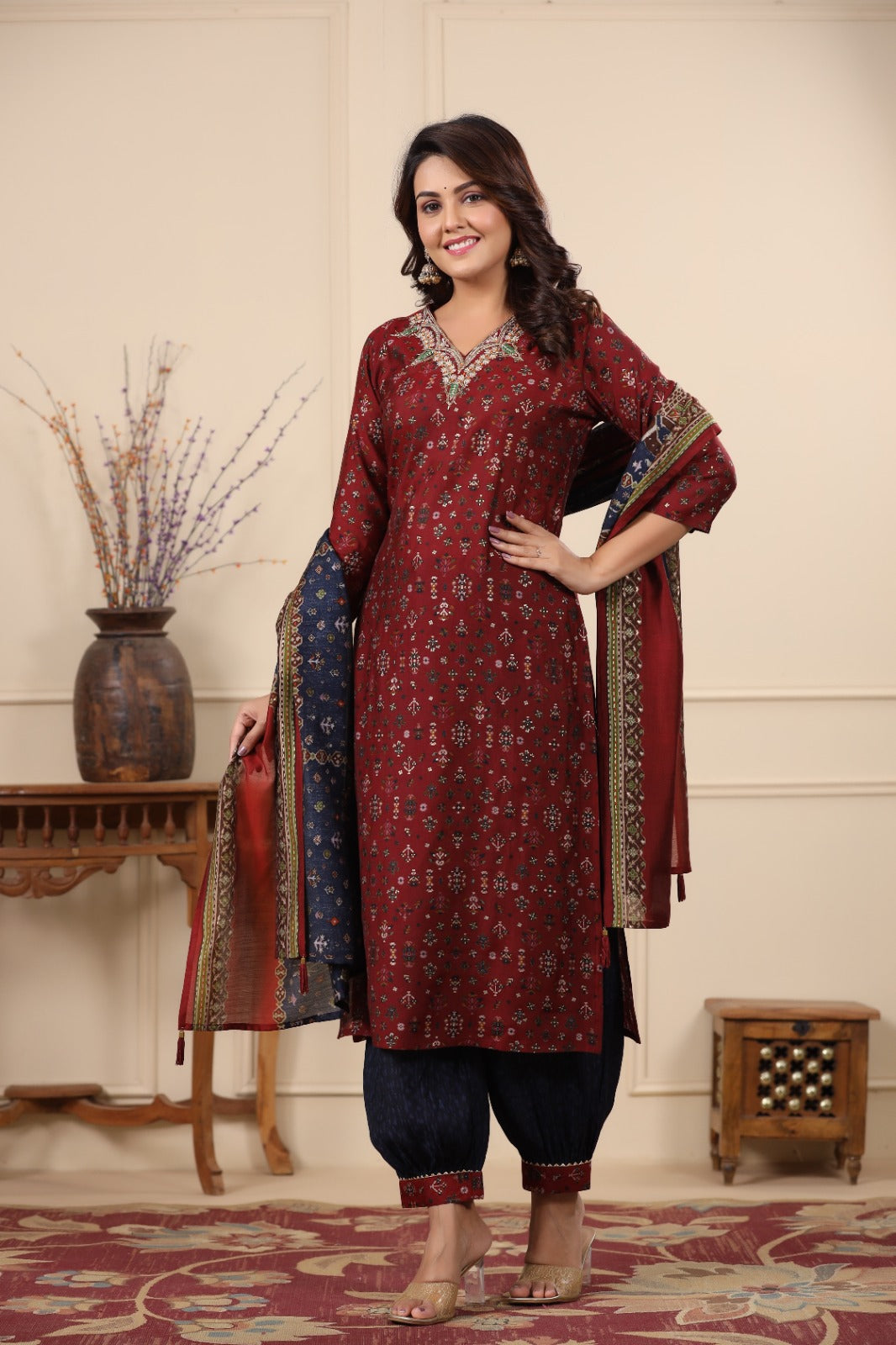 Radha Maroon and Blue Patola Printed Afghani Suit Set