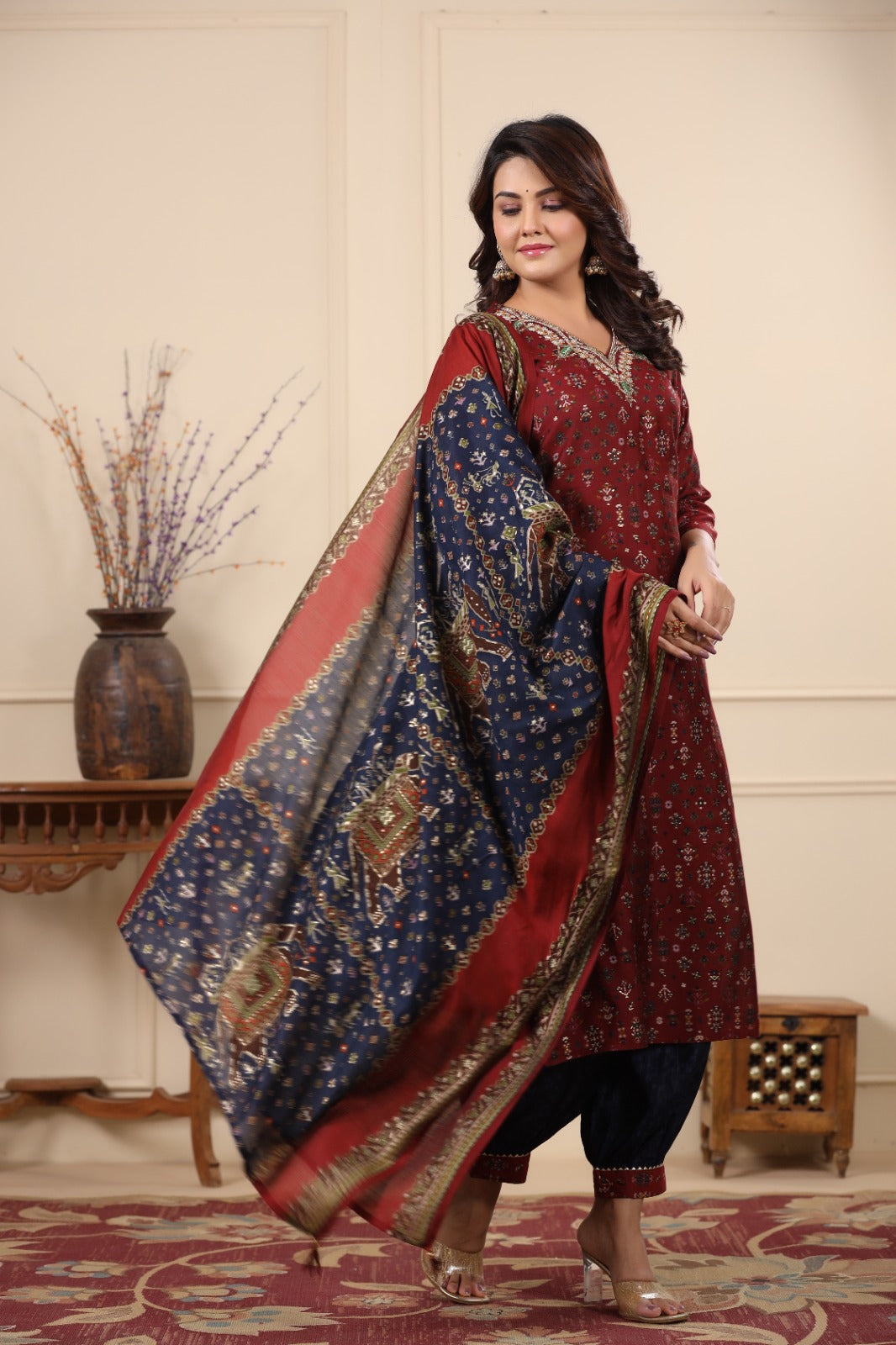 Radha Maroon and Blue Patola Printed Afghani Suit Set