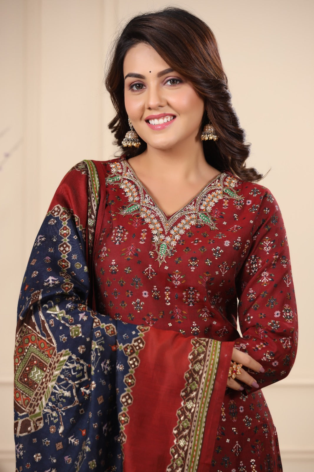 Radha Maroon and Blue Patola Printed Afghani Suit Set