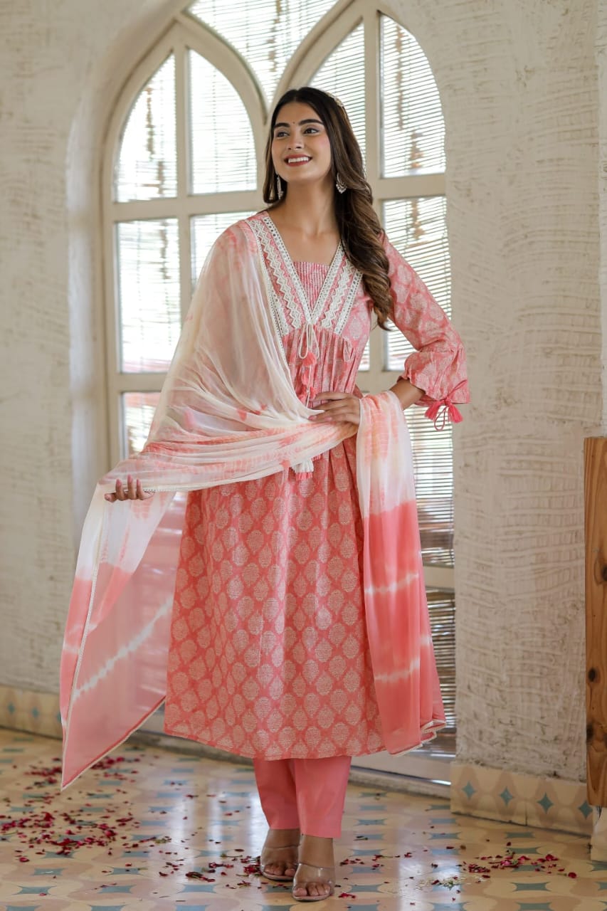 Vihaa Block Printed Peach Alia Style straight Suit Set