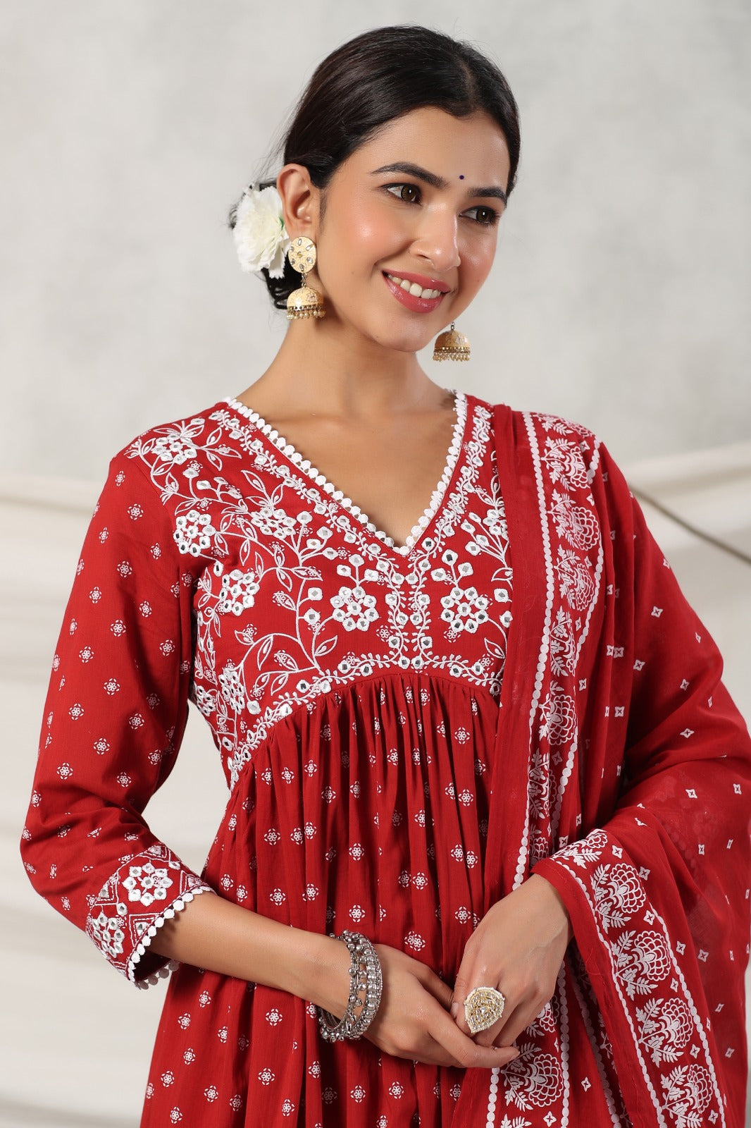 Kiara Red Block Printed Alia Pattern Suit Set