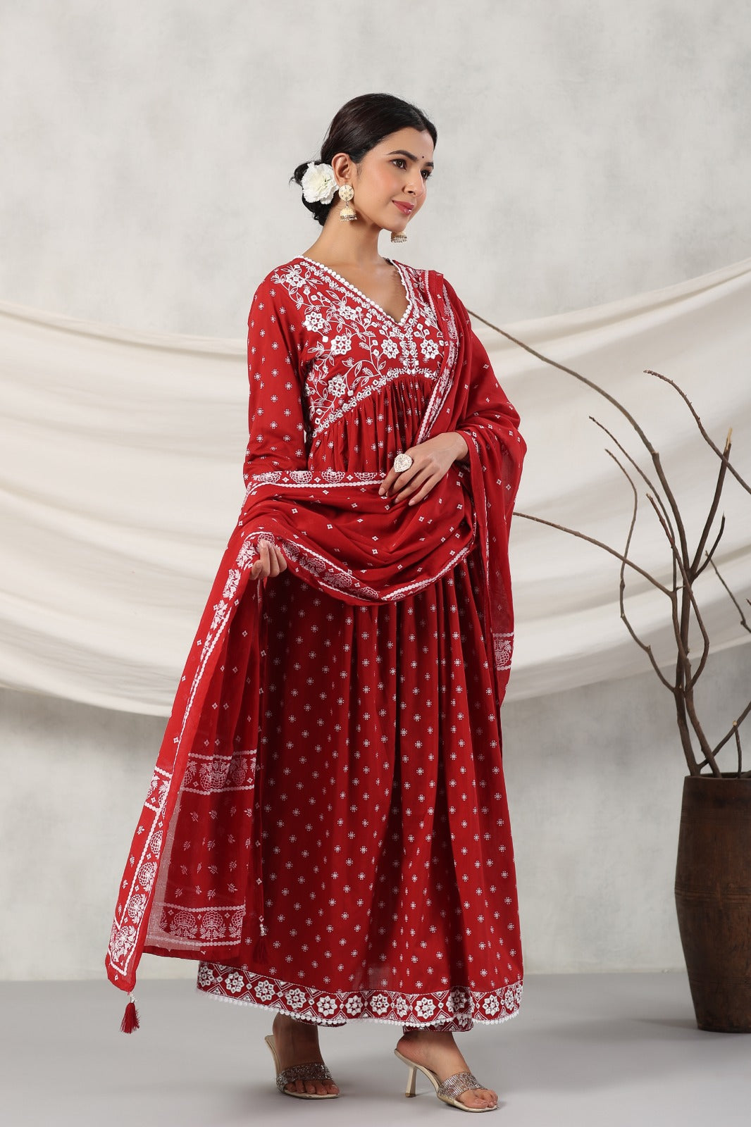 Kiara Red Block Printed Alia Pattern Suit Set