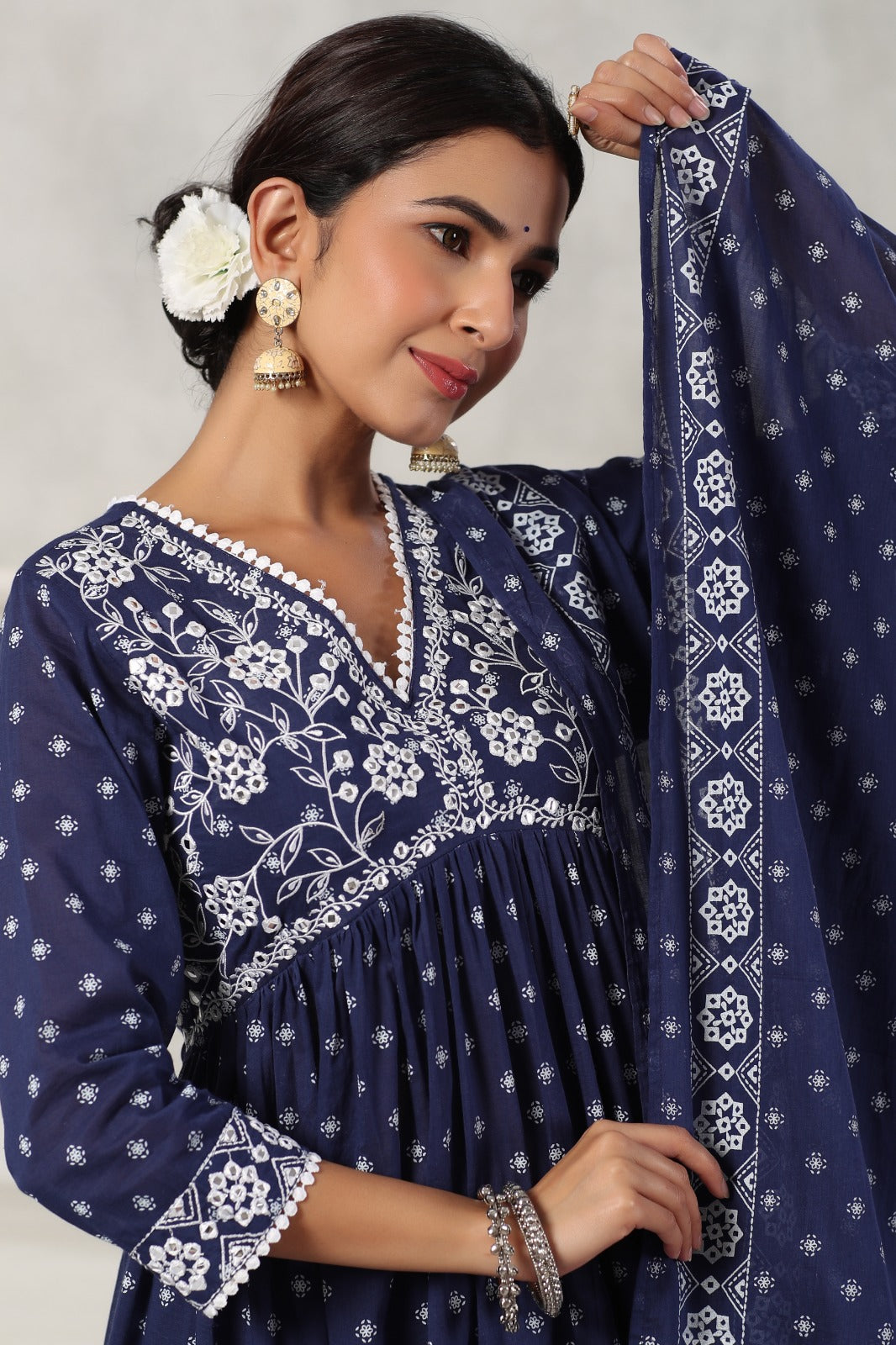 Kiara Blue Block Printed Alia Pattern Suit Set