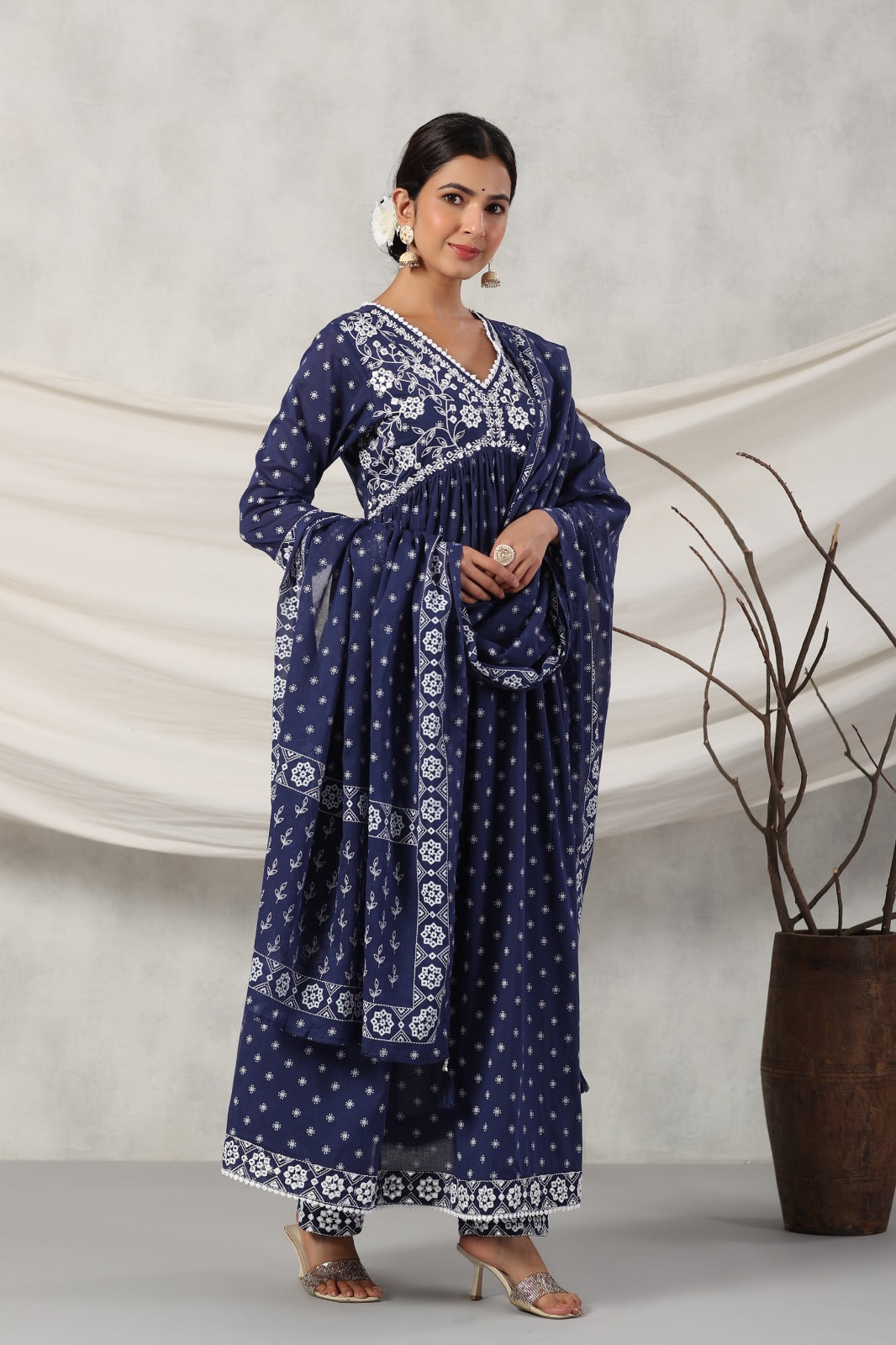 Kiara Blue Block Printed Alia Pattern Suit Set