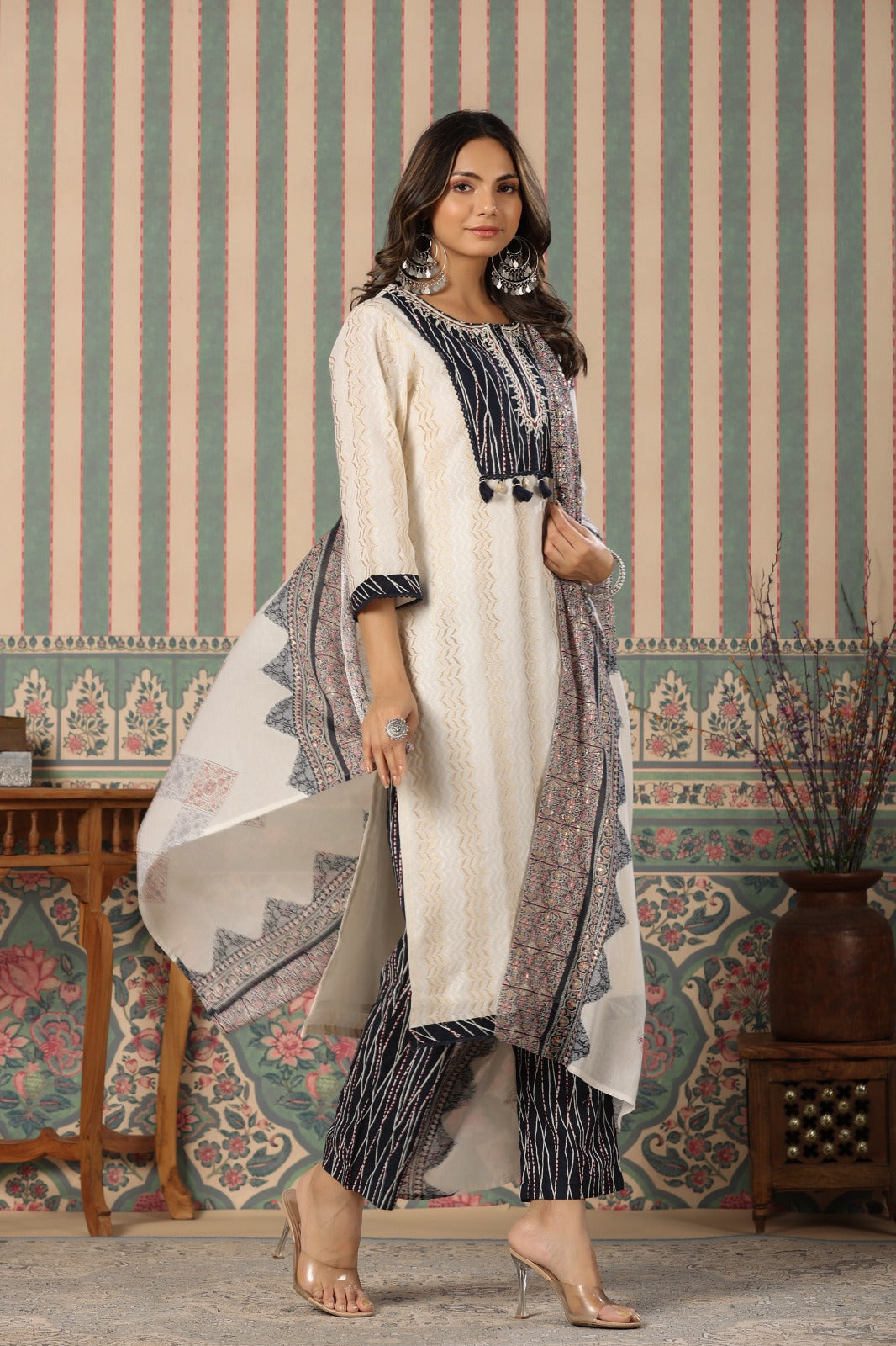 Radha Self Embroidered White and Blue Straight Suit Set