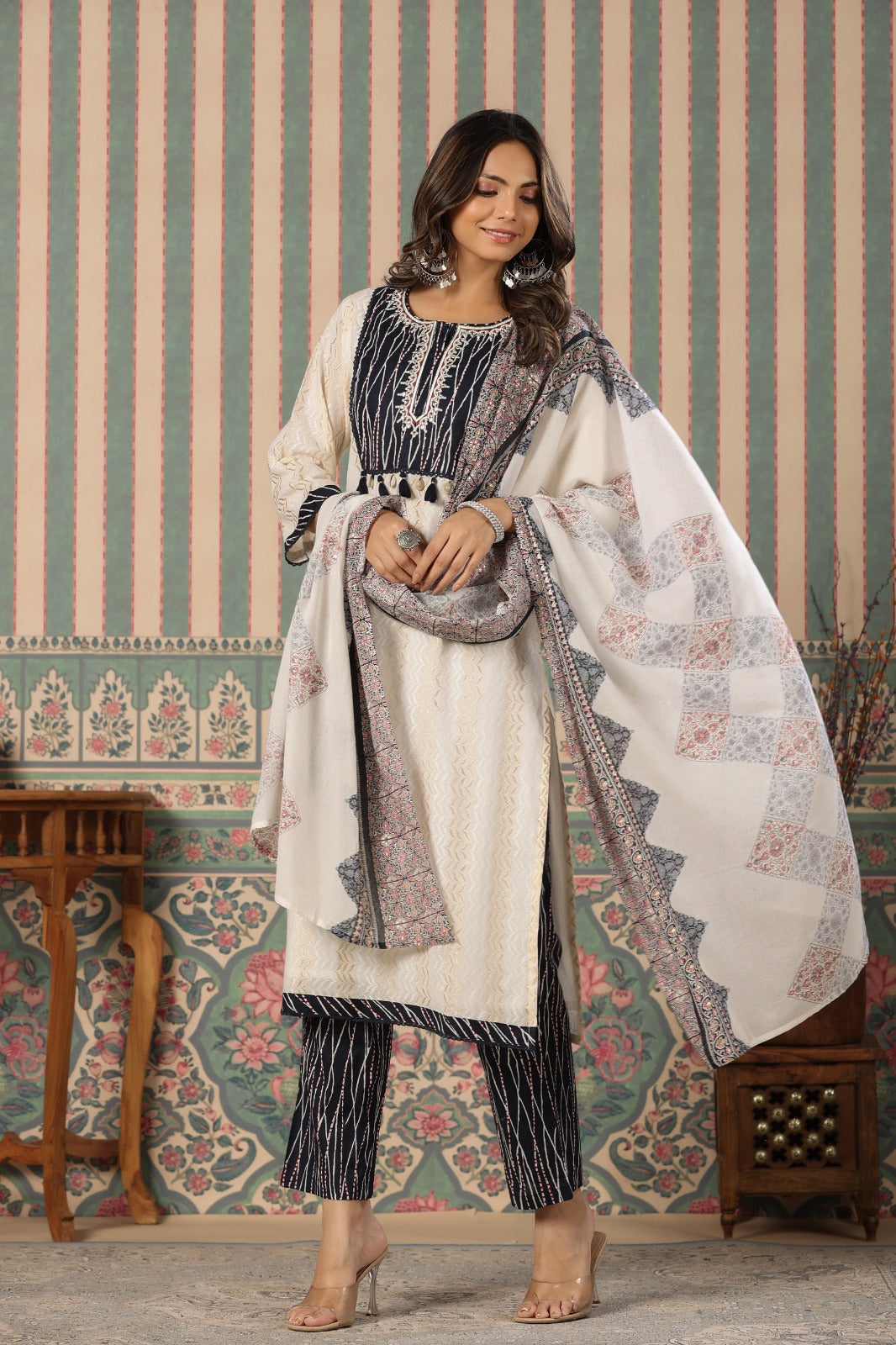 Radha Self Embroidered White and Blue Straight Suit Set