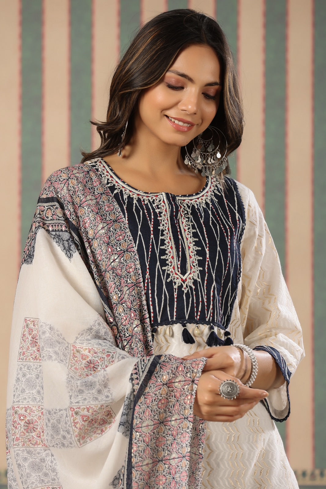 Radha Self Embroidered White and Blue Straight Suit Set