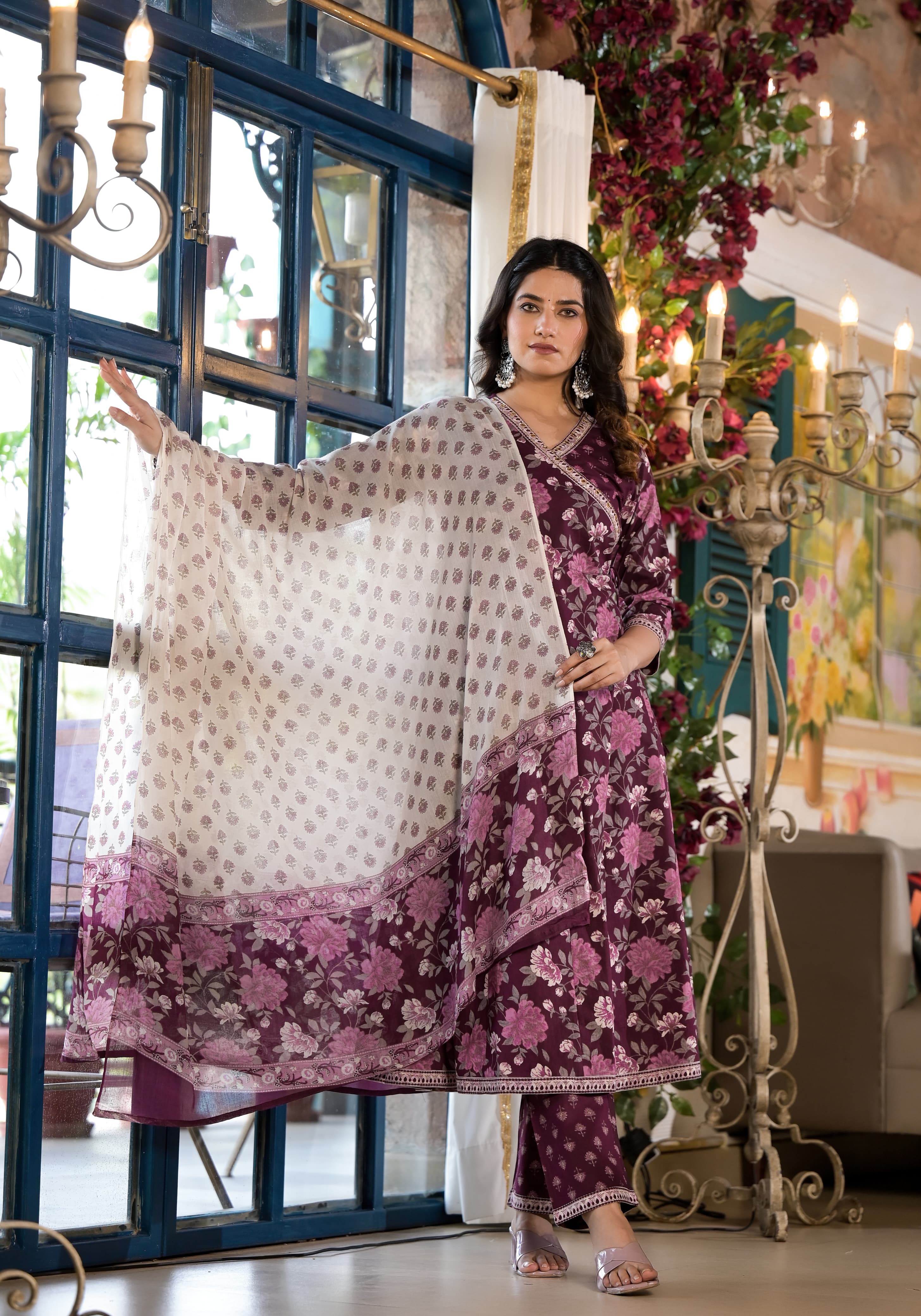 Maisha Floral Angrakha Style Wine Frock Suit Set