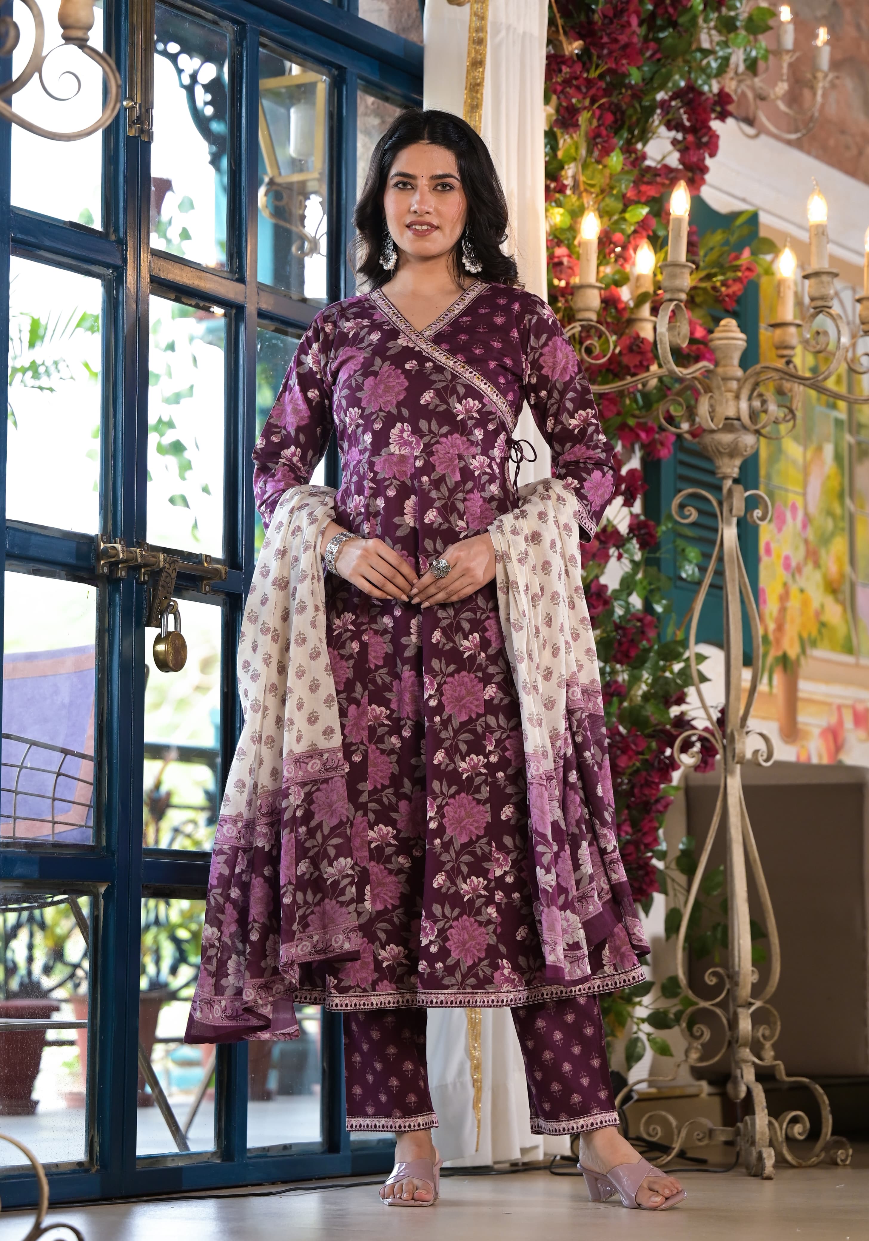 Maisha Floral Angrakha Style Wine Frock Suit Set