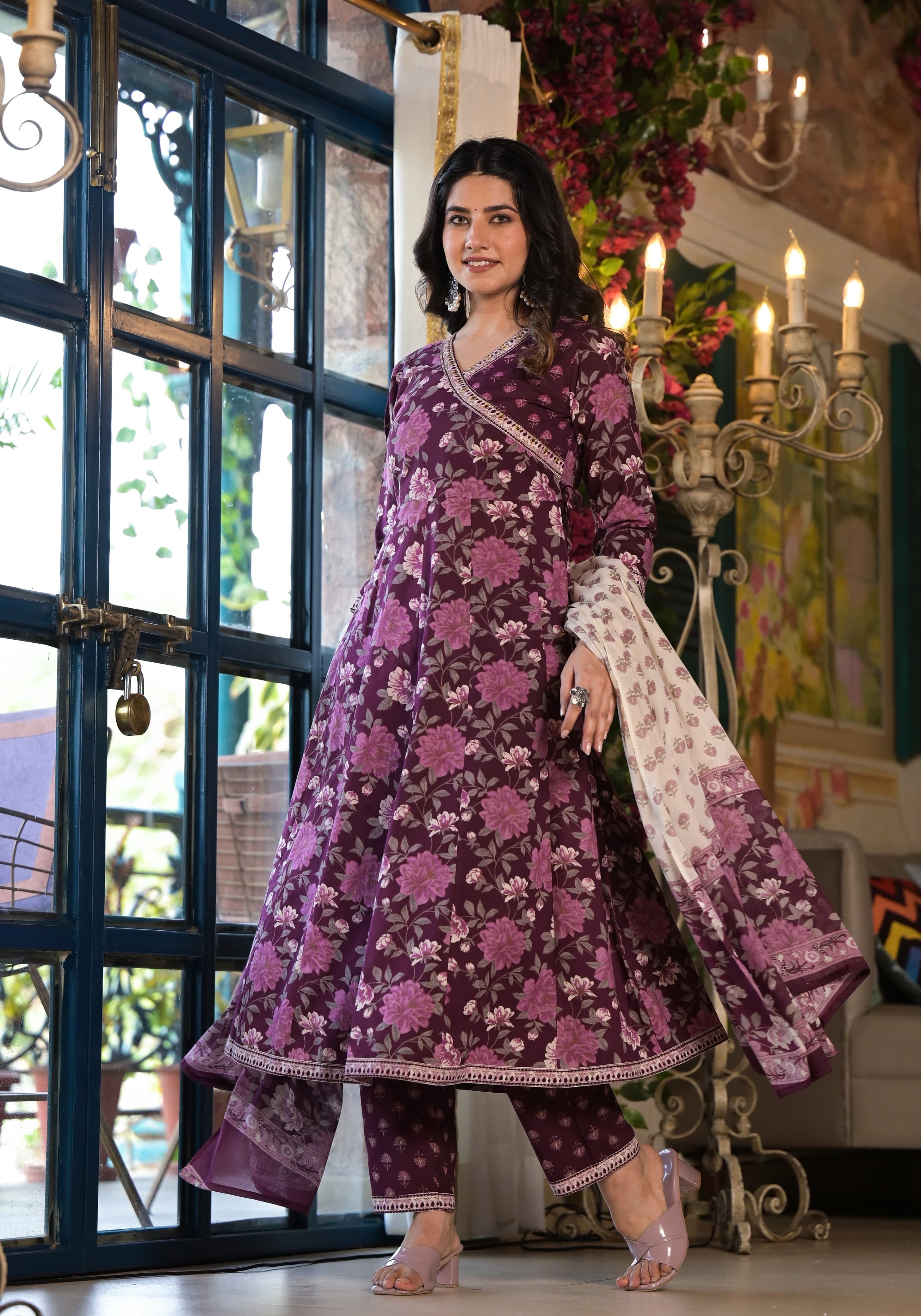 Maisha Floral Angrakha Style Wine Frock Suit Set