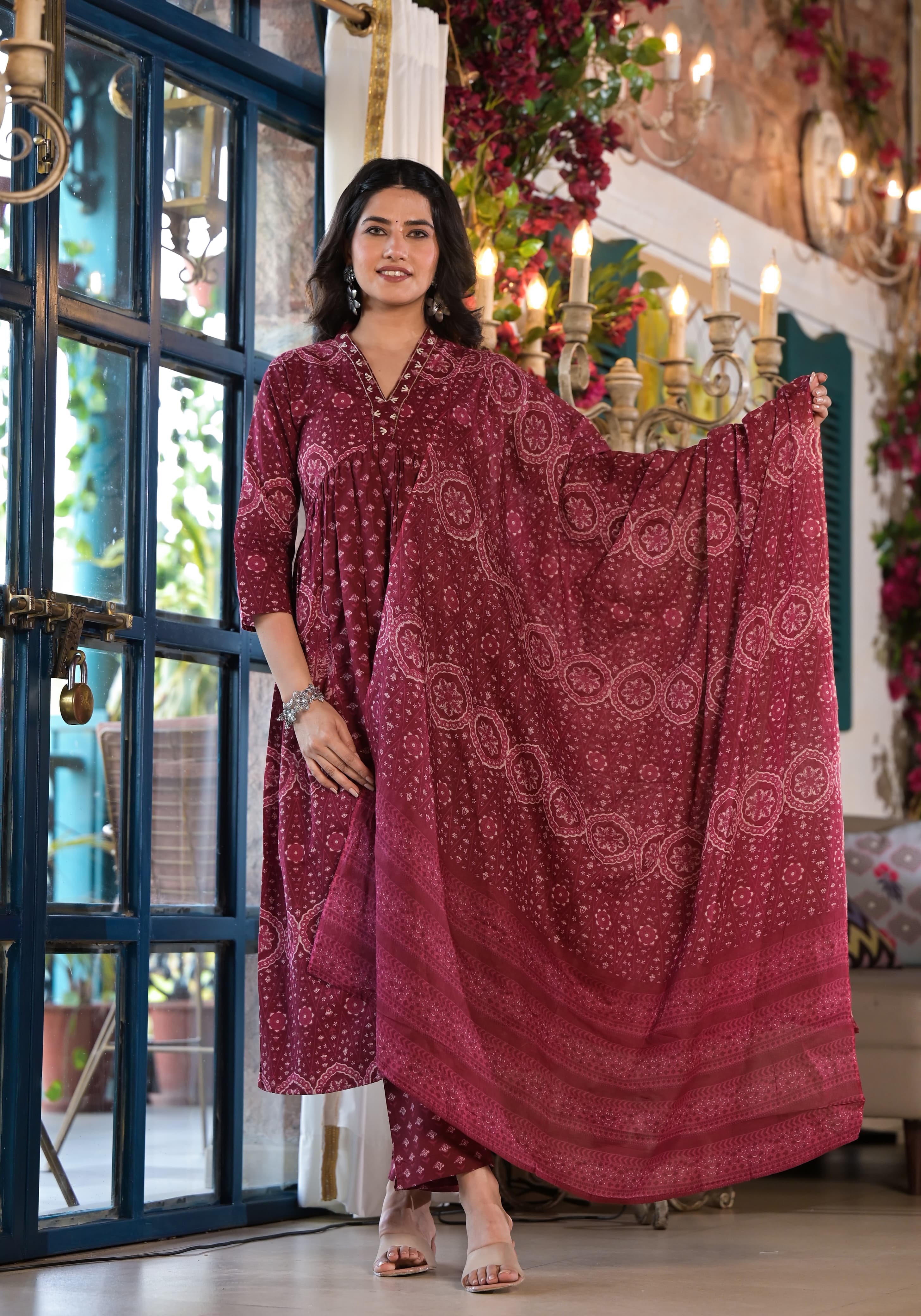 Kiara Wine Block Printed Alia Pattern Suit Set