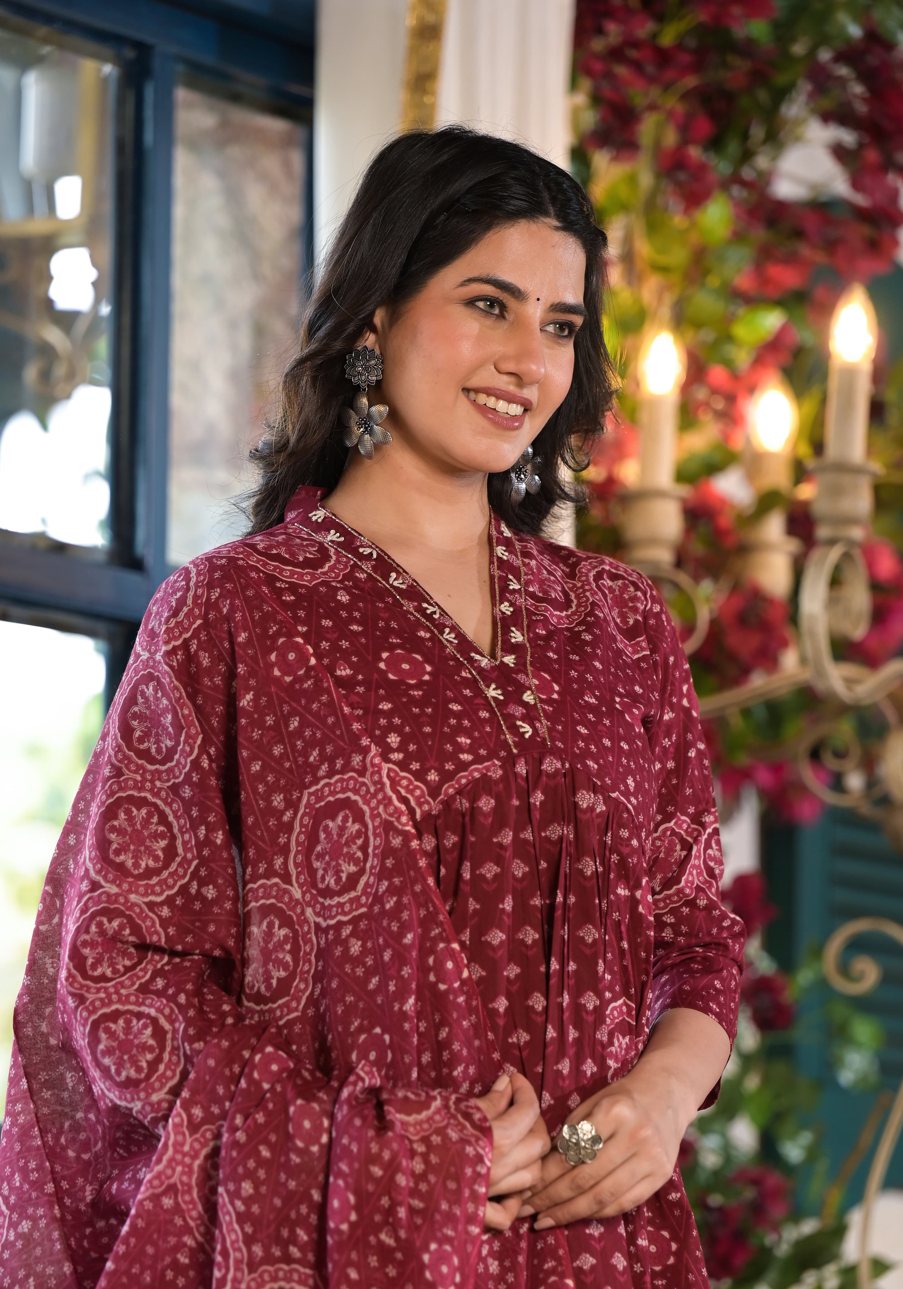 Kiara Wine Block Printed Alia Pattern Suit Set