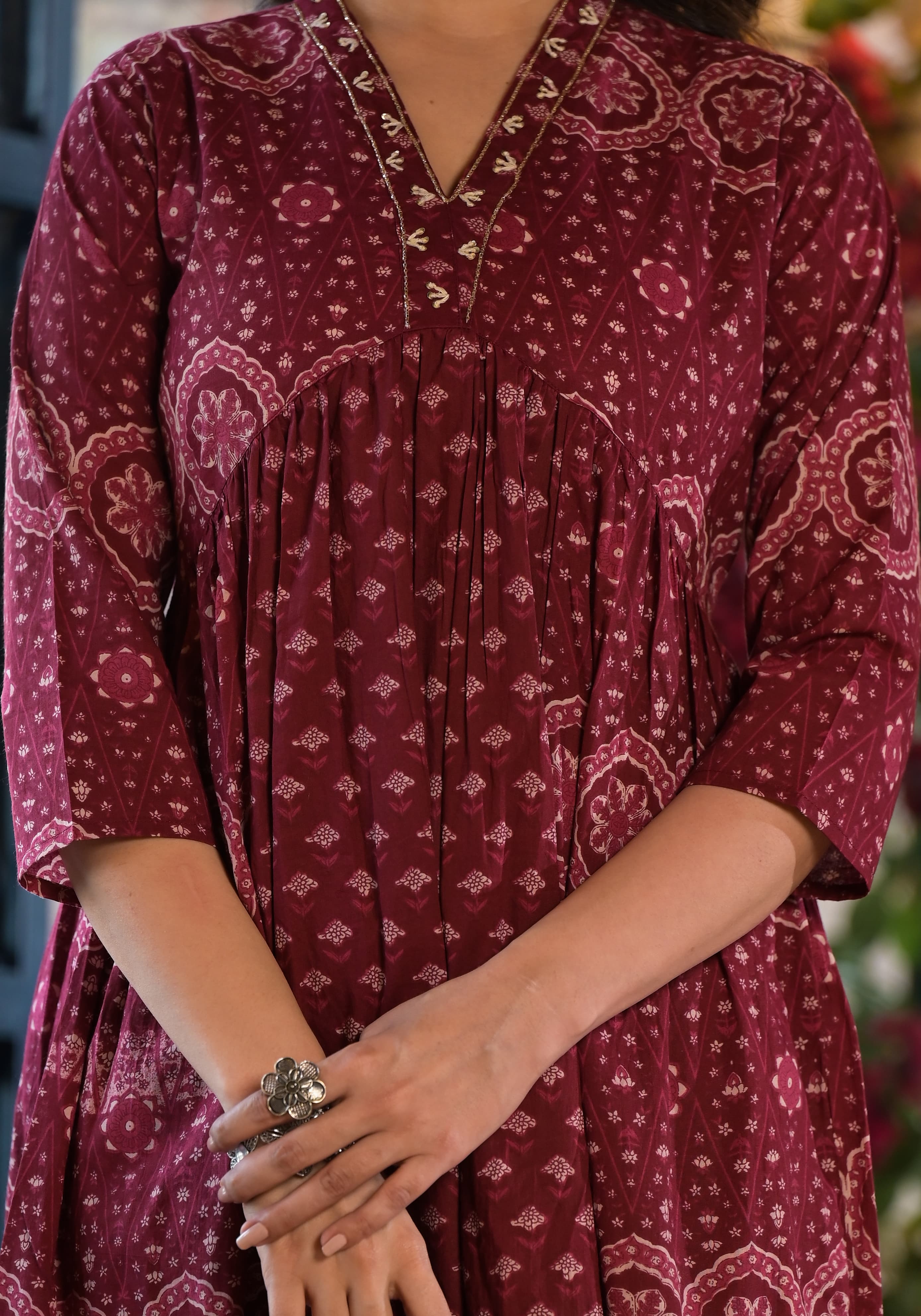 Kiara Wine Block Printed Alia Pattern Suit Set