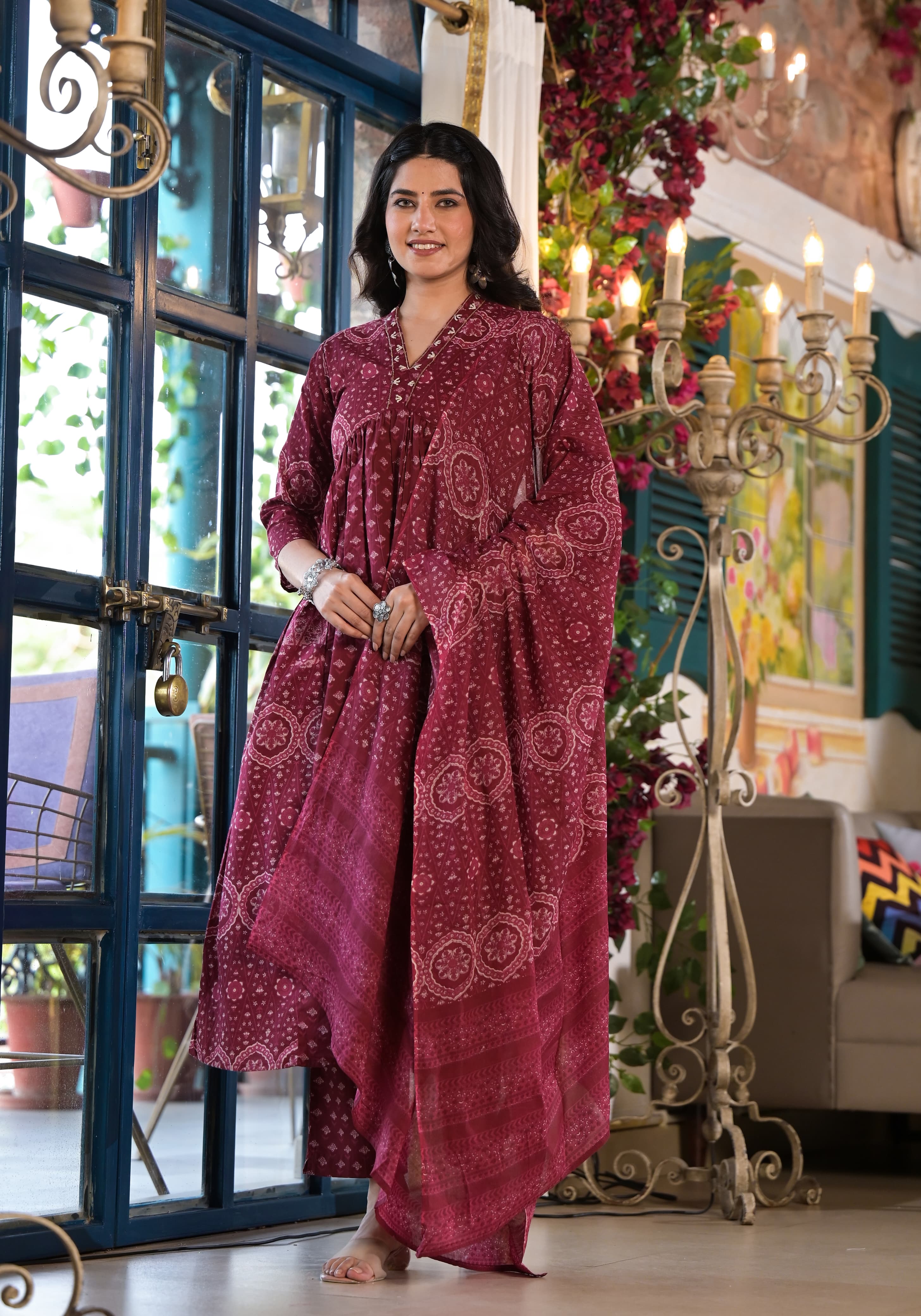 Kiara Wine Block Printed Alia Pattern Suit Set