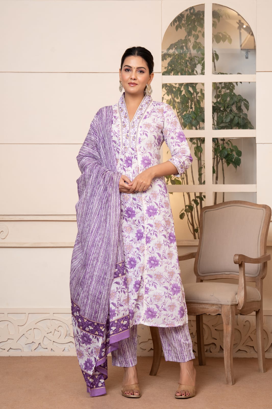 Vihaa Block Printed Lavender A-Line Suit Set