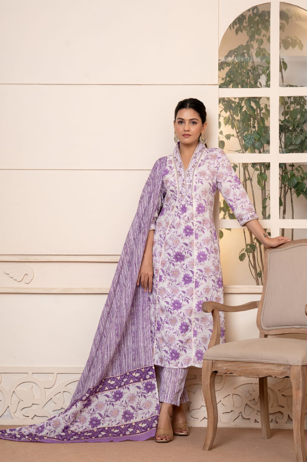 Vihaa Block Printed Lavender A-Line Suit Set