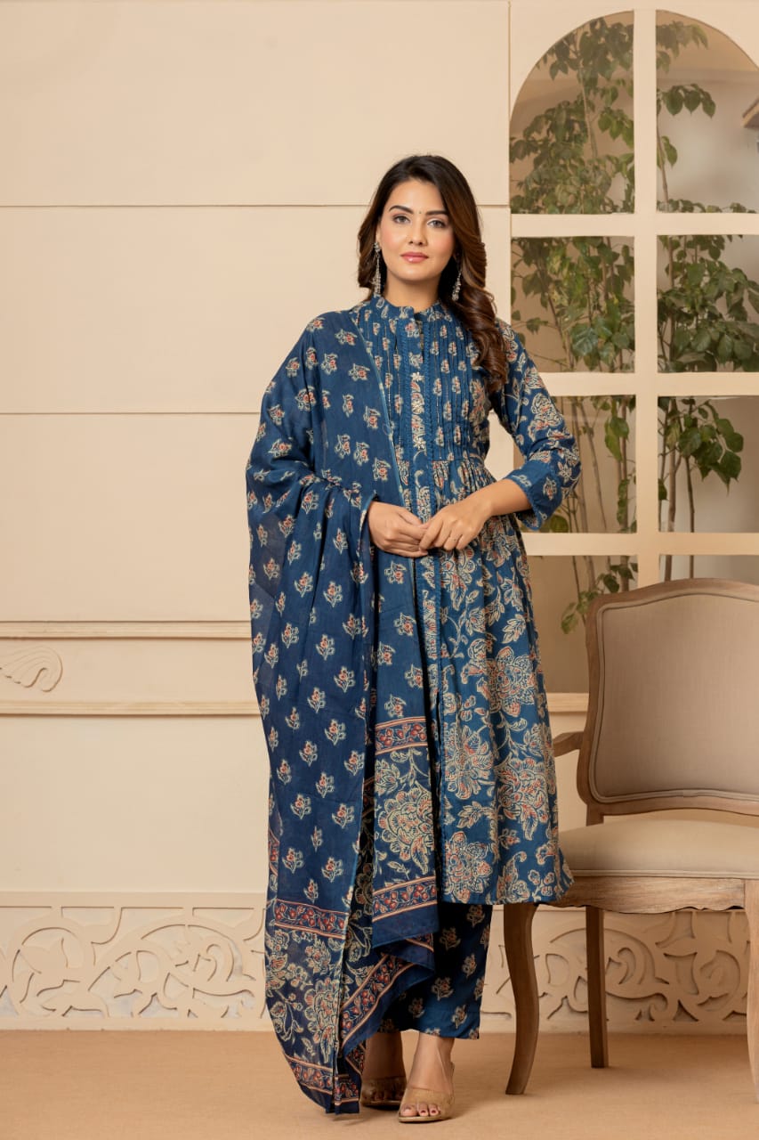 Vihaa Blue Block printed embroidered Frock Suit Set