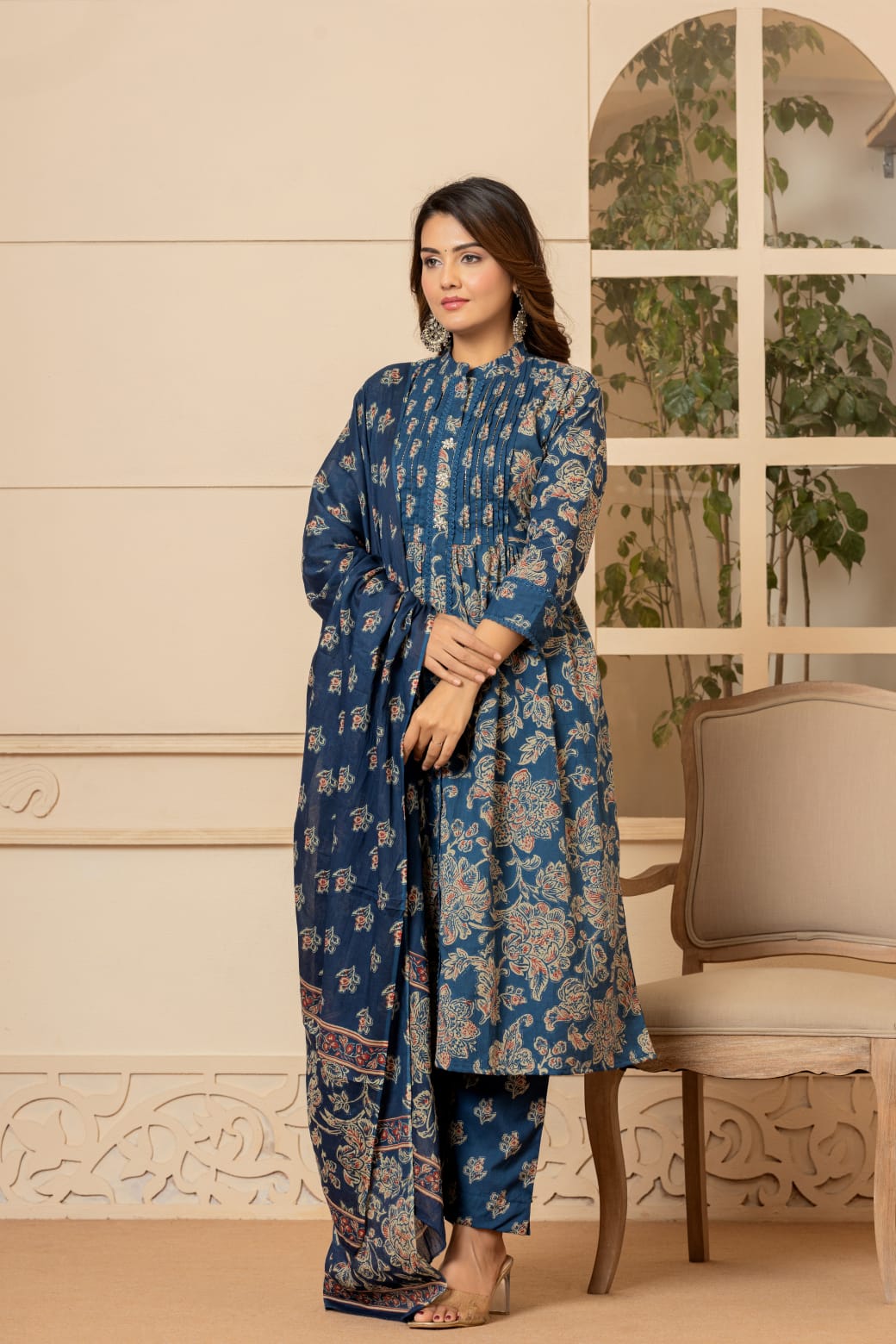 Vihaa Blue Block printed embroidered Frock Suit Set