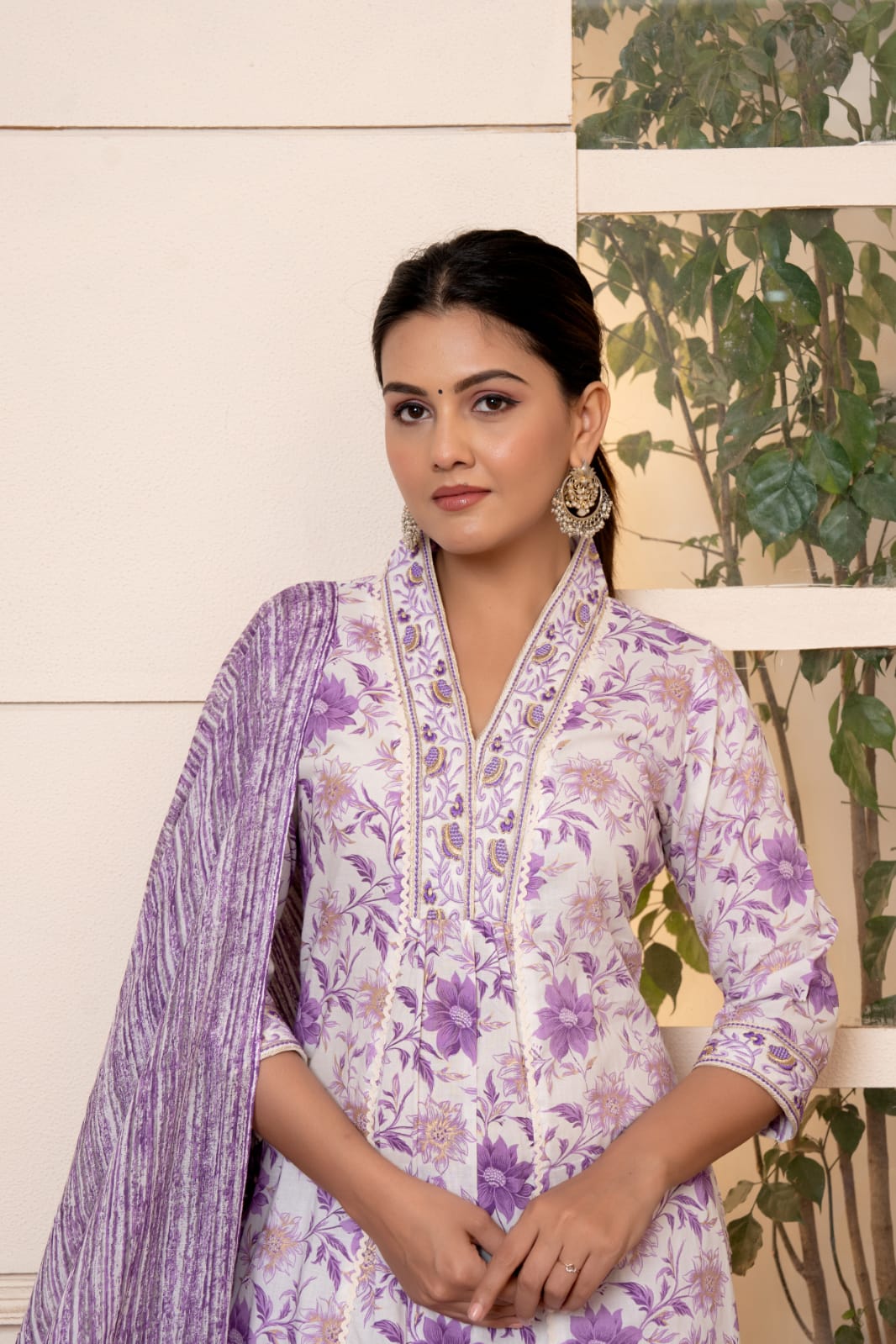 Vihaa Block Printed Lavender A-Line Suit Set