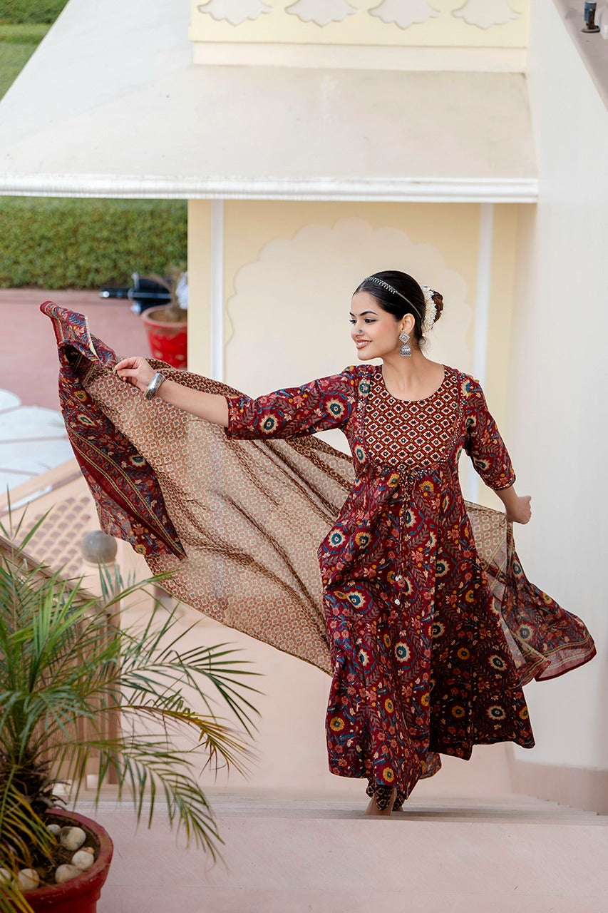 Akira Block Printed Brown Anarkali suit set