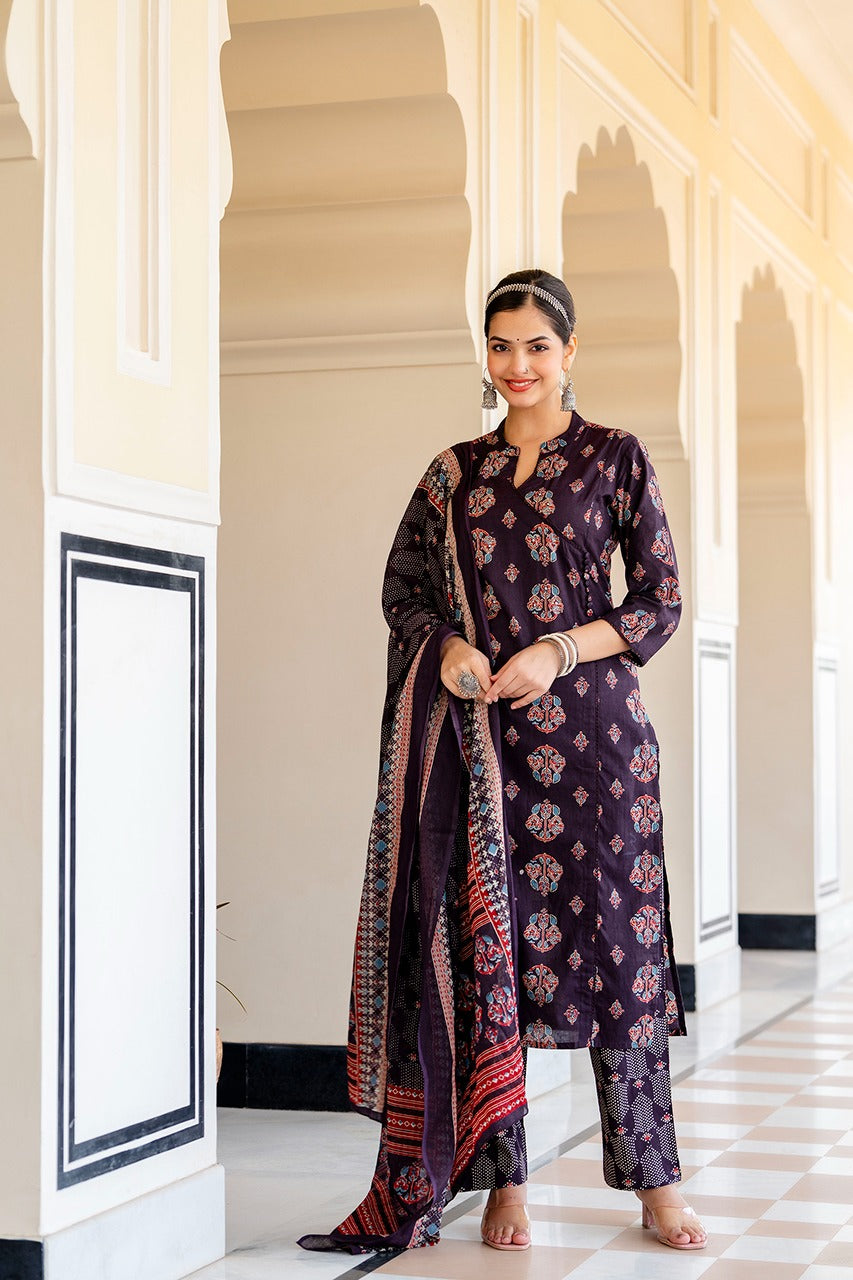 Navya Block Printed Angrakha Style Wine Straight Suit Set