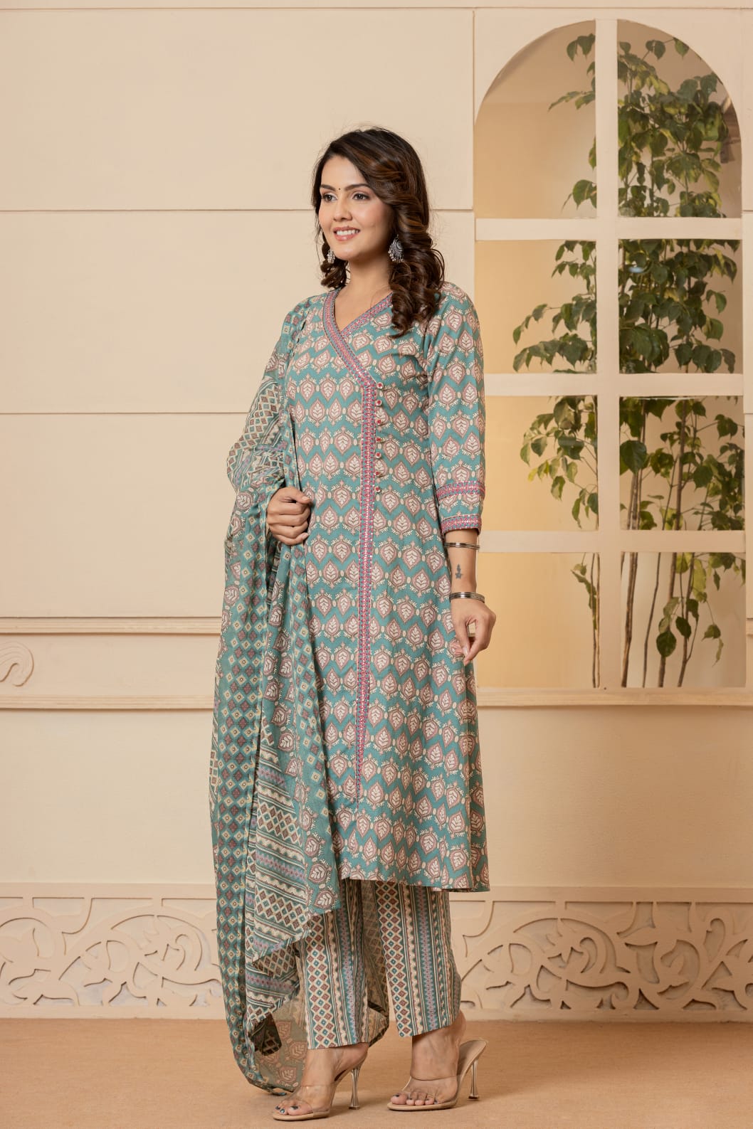 Navya Block Printed Angrakha Style Green Suit Set