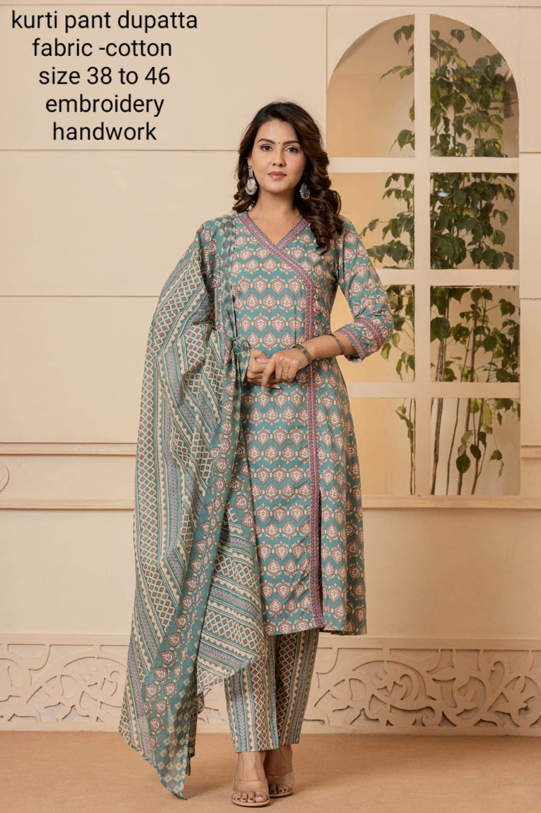 Navya Block Printed Angrakha Style Green Suit Set