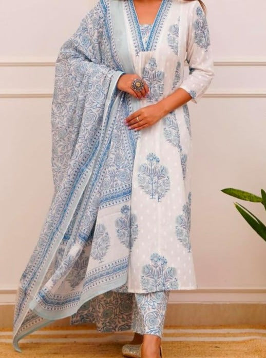 Maisha Block Printed White and Blue Suit Set