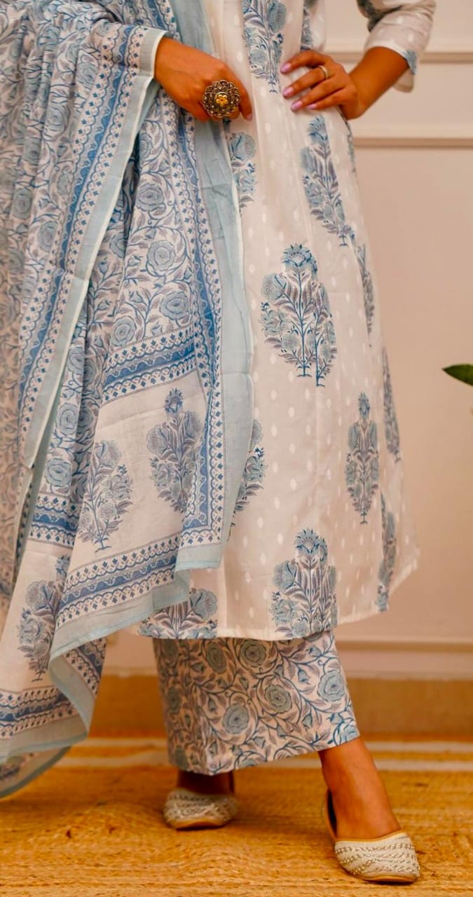 Maisha Block Printed White and Blue Suit Set