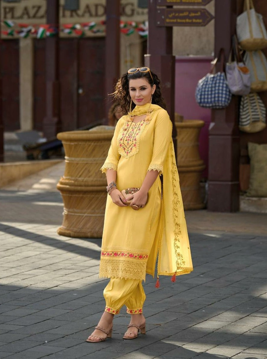 Radha Yellow Embroidered Afghani Suit Set