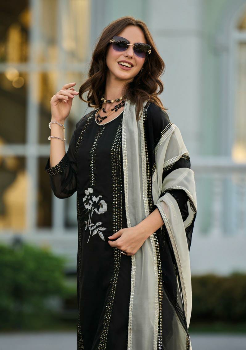 Vihaa Thread Embroidered Black Straight Suit Set