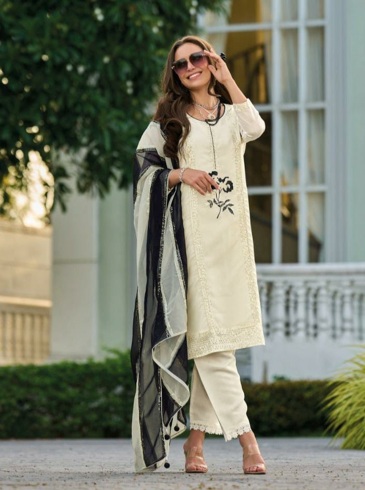 Vihaa Thread Embroidered White Straight Suit Set