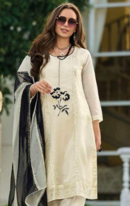 Vihaa Thread Embroidered White Straight Suit Set