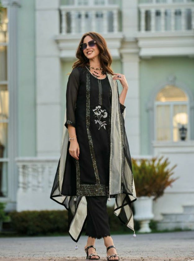 Vihaa Thread Embroidered Black Straight Suit Set