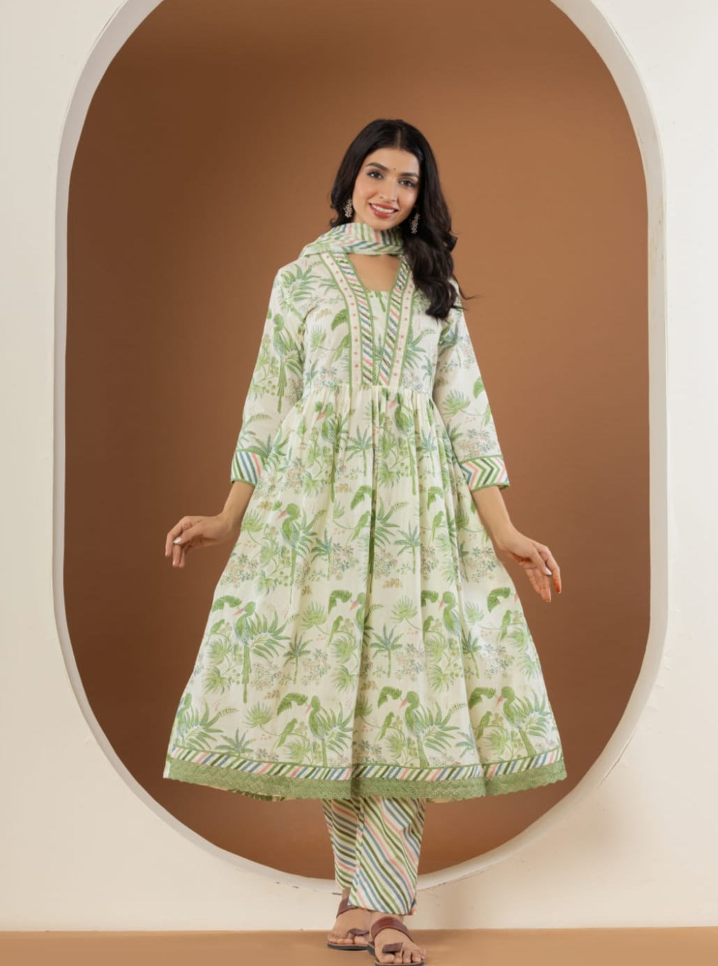 Maisha Tropical Printed White and Green Suit Set