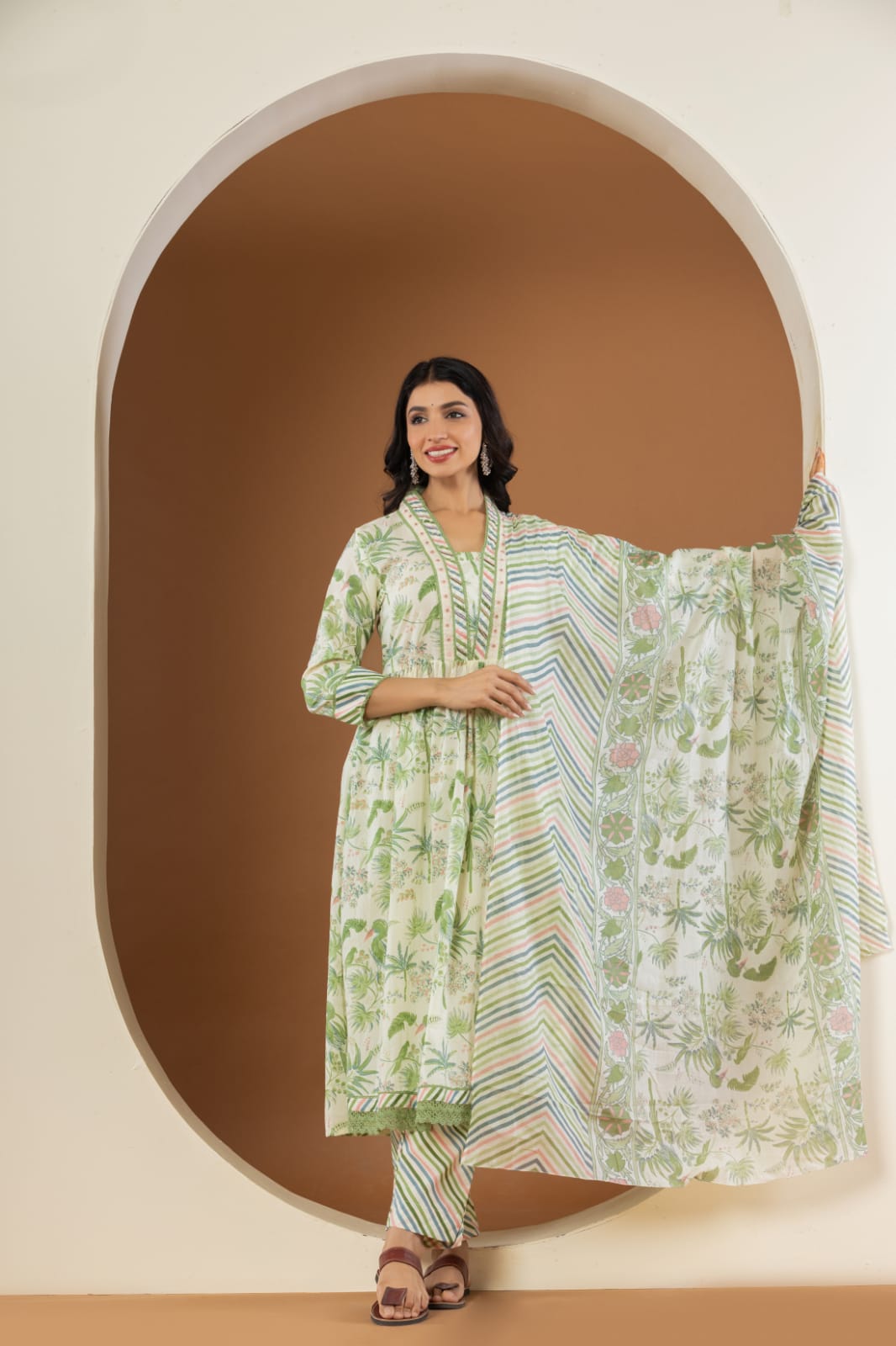 Maisha Tropical Printed White and Green Suit Set