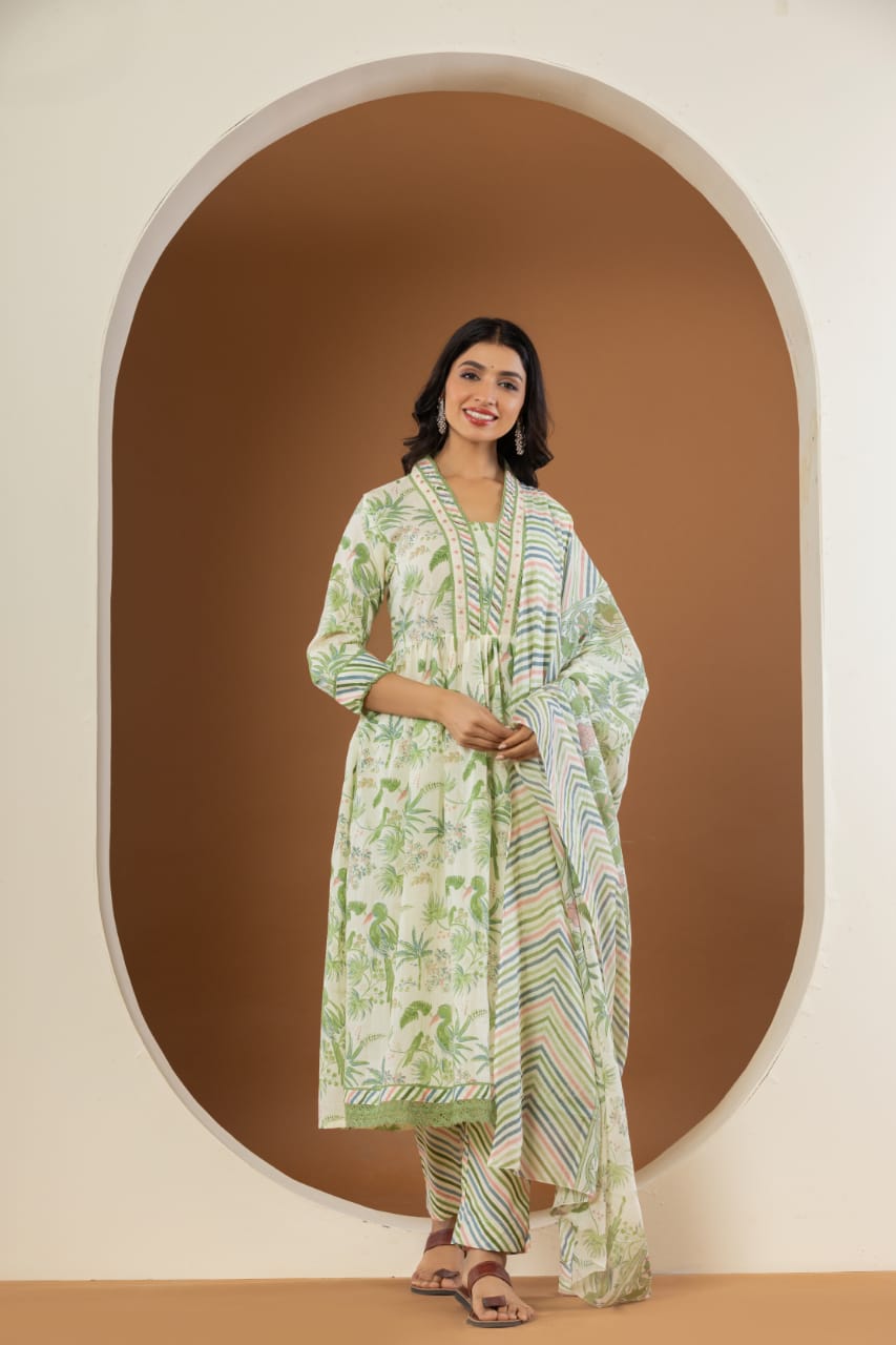 Maisha Tropical Printed White and Green Suit Set