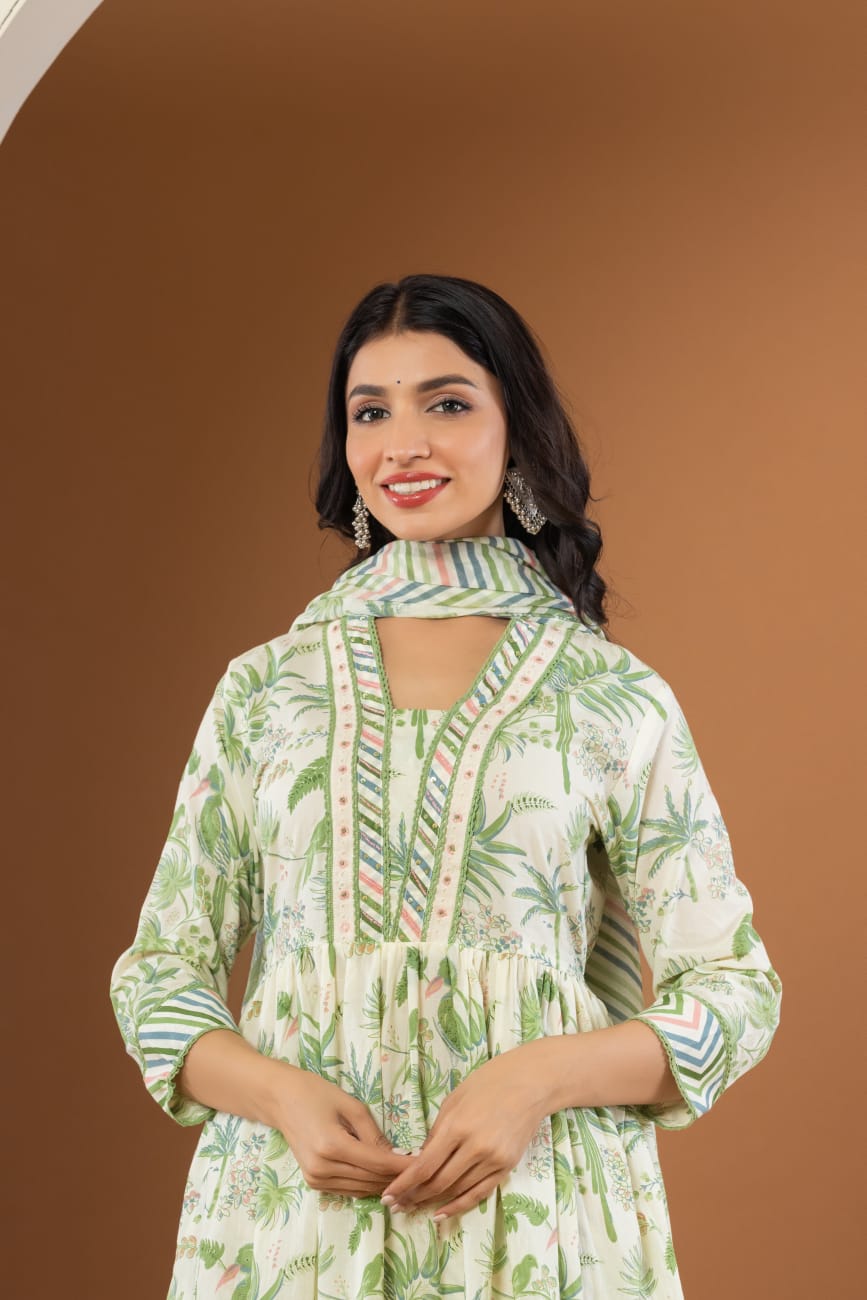 Maisha Tropical Printed White and Green Suit Set