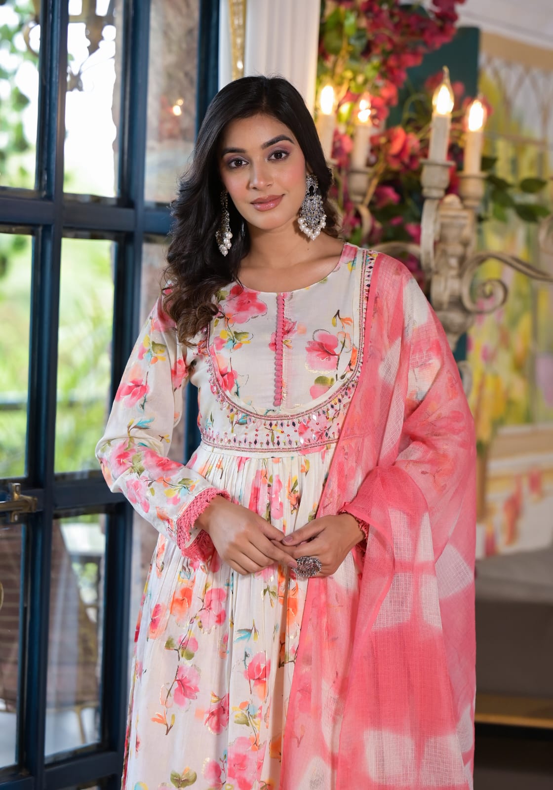 Akira Floral Printed White and Pink Anarkali suit set