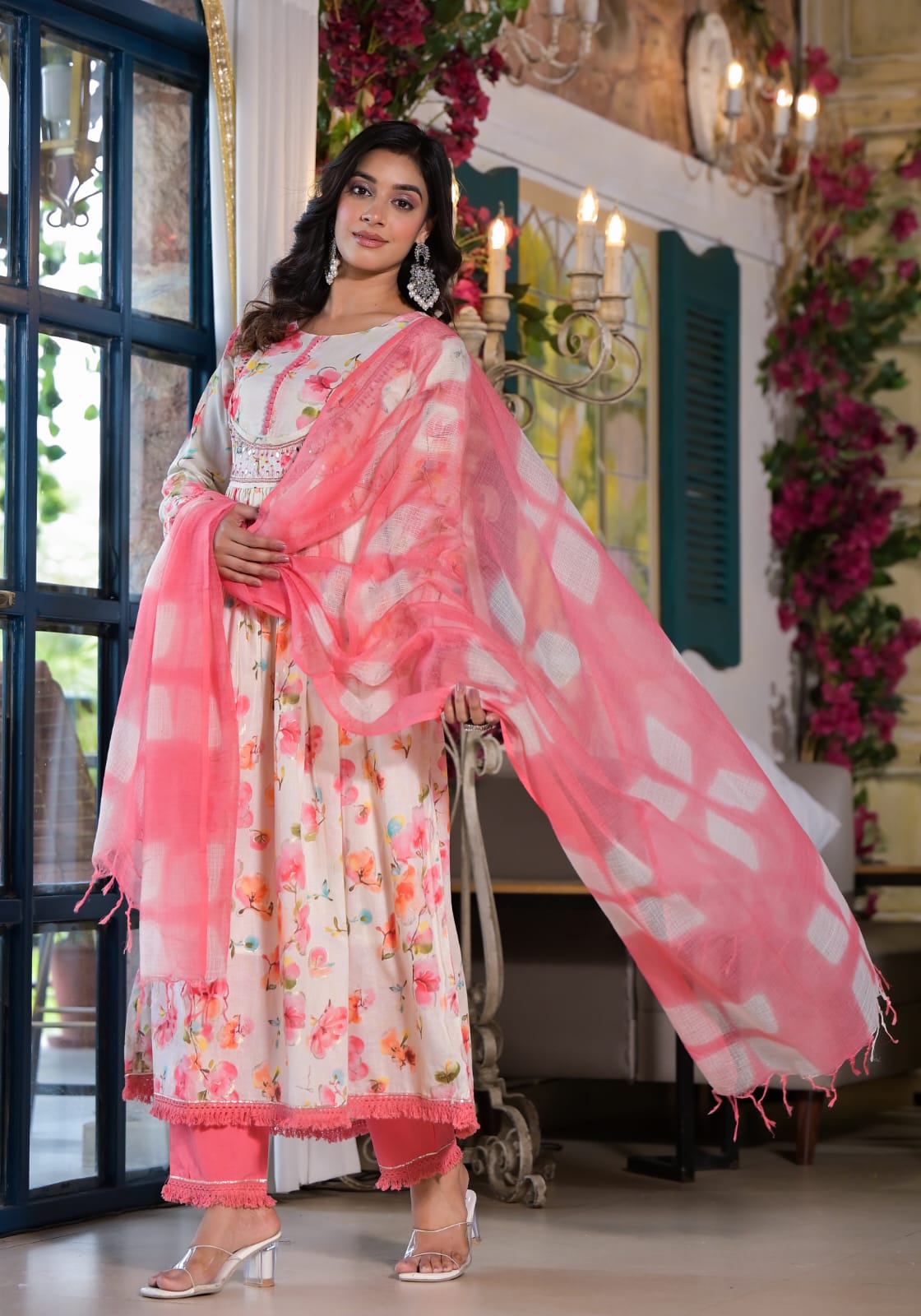 Akira Floral Printed White and Pink Anarkali suit set