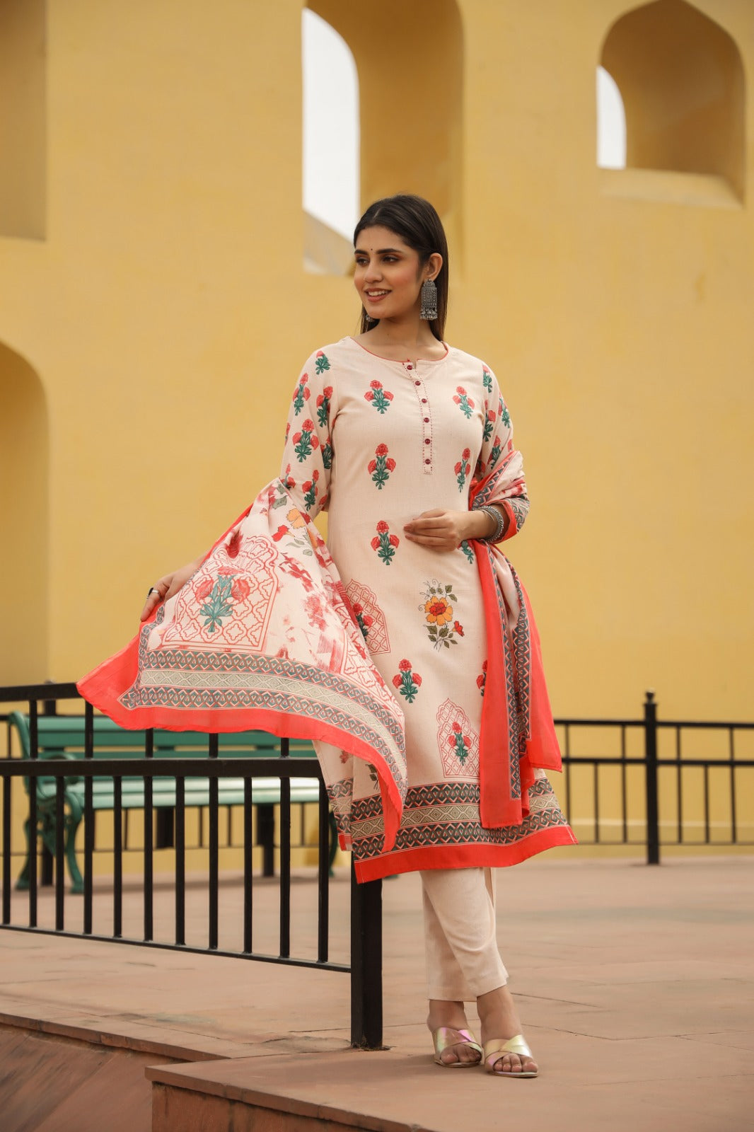 Radha Block Printed Orangish Straight Suit Set